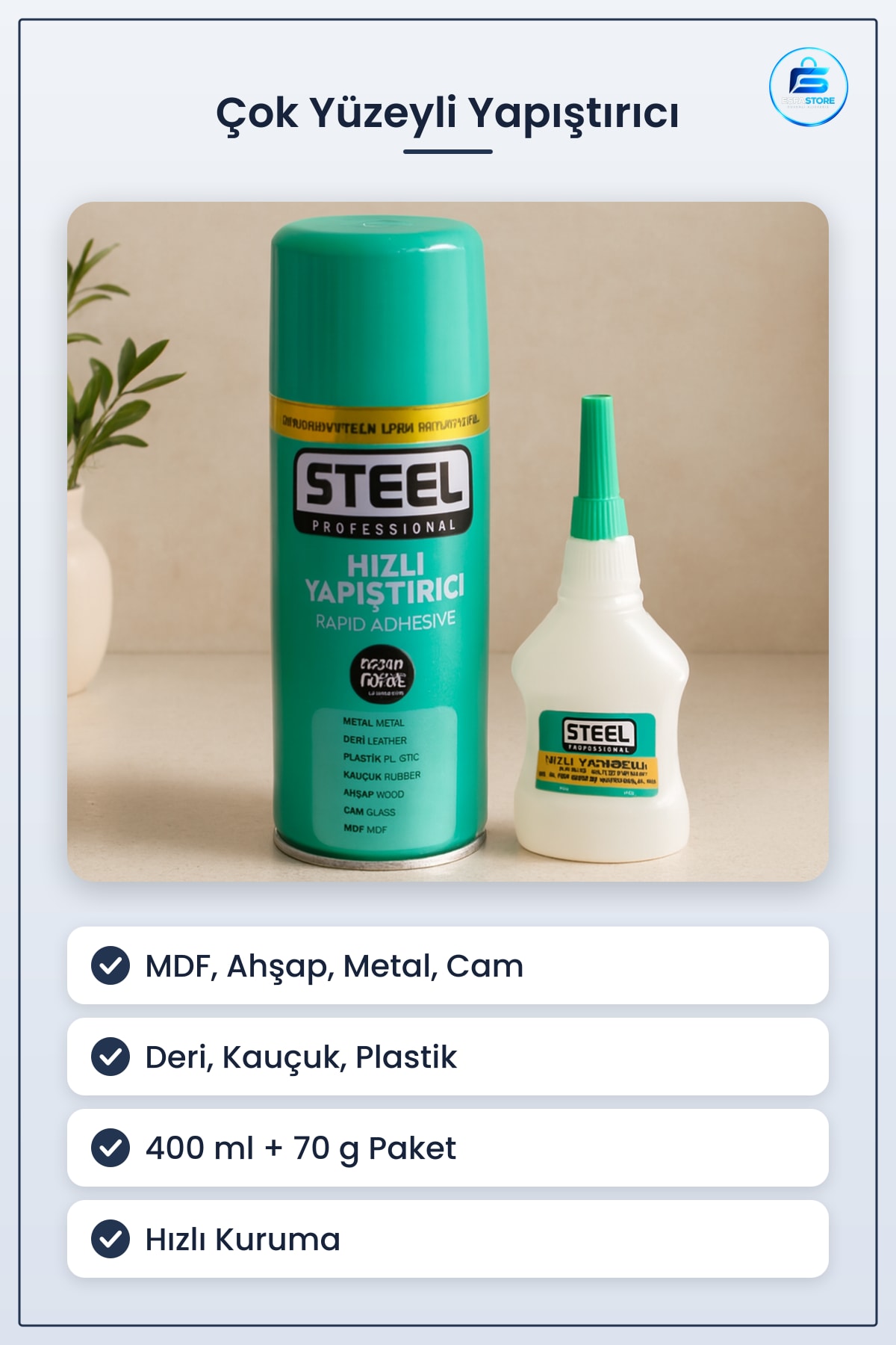 Yapıştırıcı Hızlı Çok Yüzeyli 400ml + 70g Onarım MDF Ahşap Metal Deri Kauçuk Plastik Cam