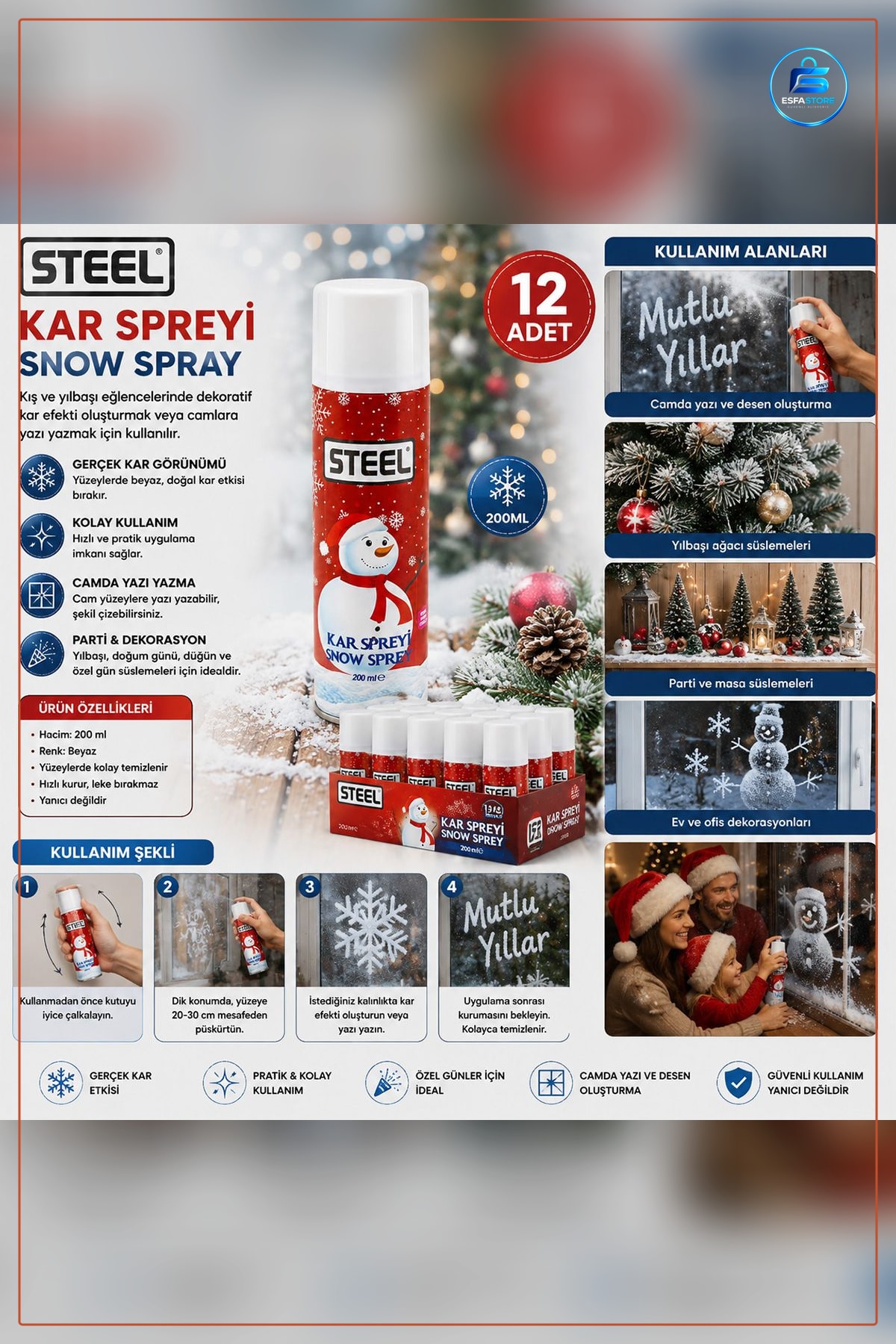 Kar Spreyi 200ml Yılbaşı Dekoratif Efekt Pencere Camı Yazı Yazma Parti Dekorasyon Aerosol
