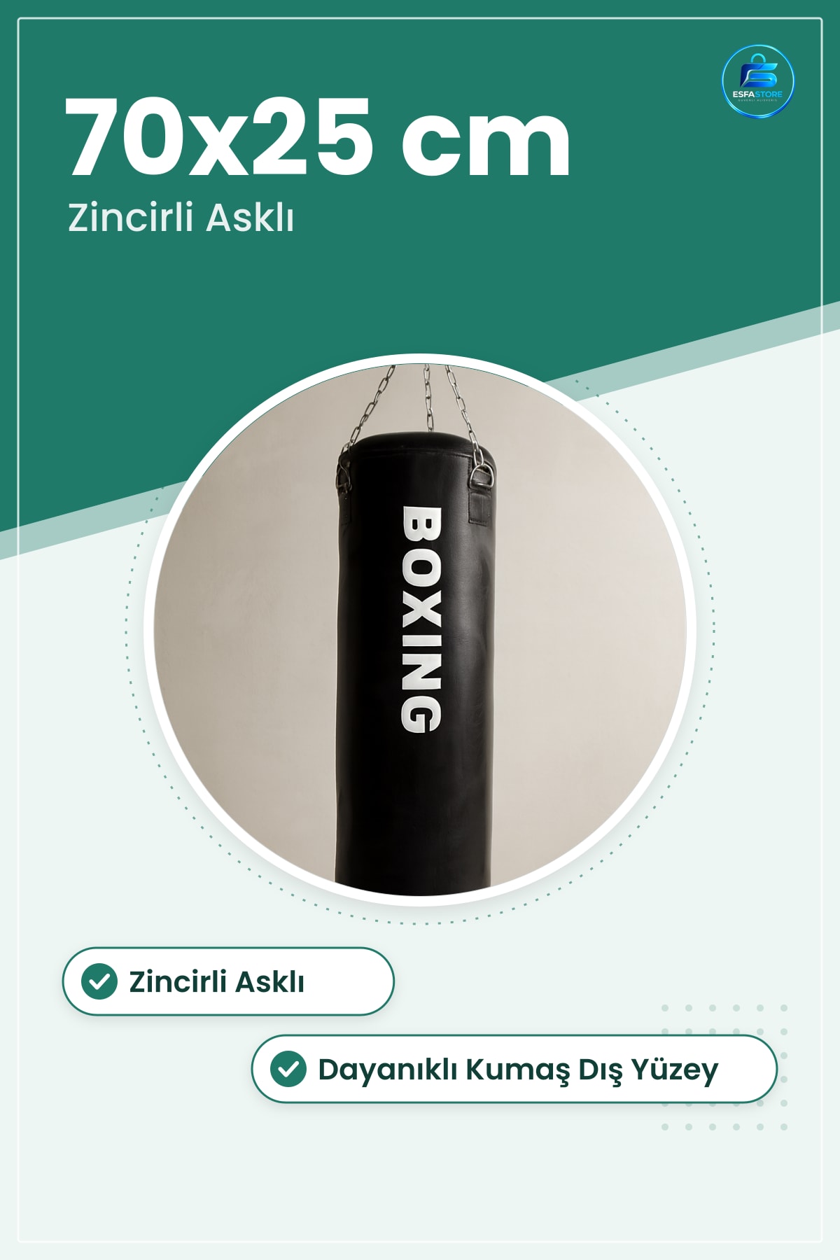 Boks Torbası Orta Boy 70x25 cm Zincirli Askılı Dayanıklı Ekipman Ev ve Spor Salonu Antrenmanı