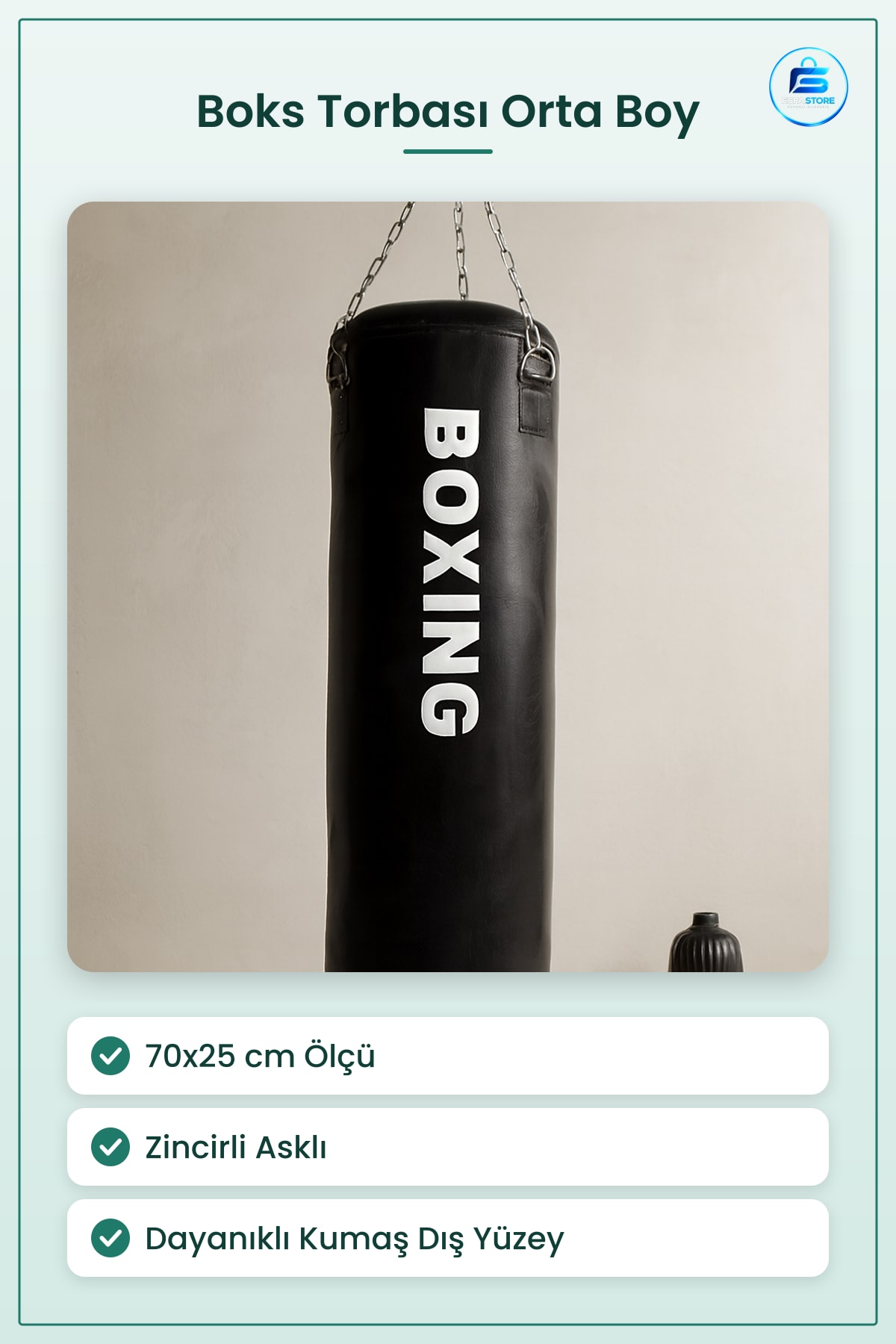 Boks Torbası Orta Boy 70x25 cm Zincirli Askılı Dayanıklı Ekipman Ev ve Spor Salonu Antrenmanı