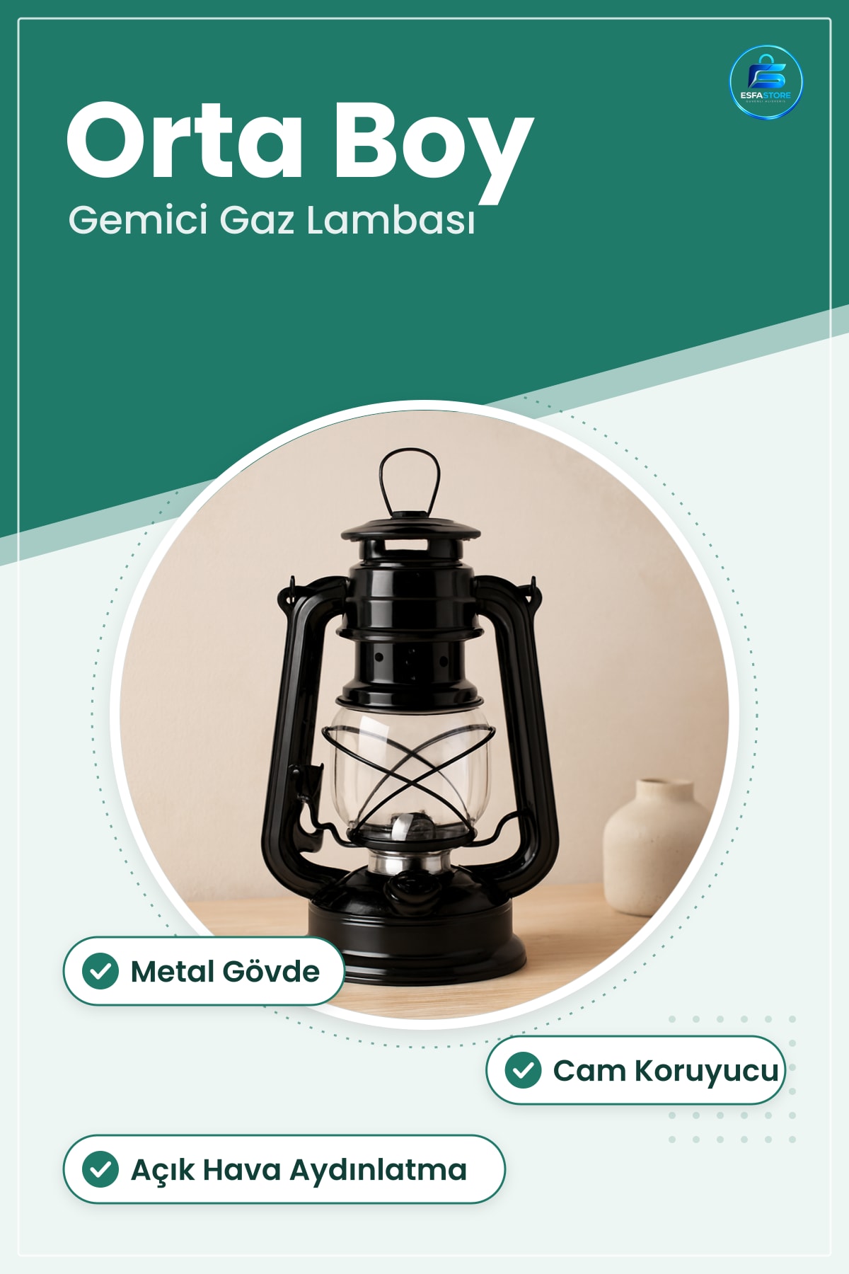 Orta Boy Gemici Gaz Kamp Lambası Metal Gövdeli Cam Korumalı Dayanıklı Açık Hava Aydınlatma
