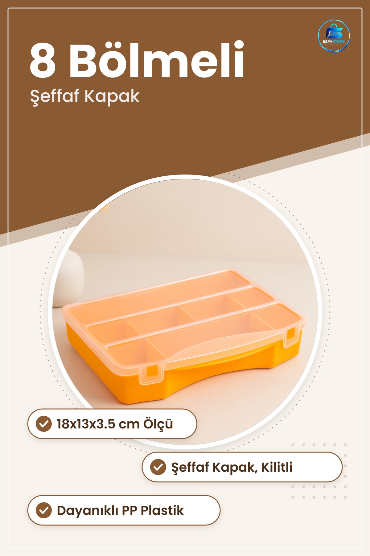 Saklama Kutusu 8 Bölmeli Organizer 18x13x3.5 cm Şeffaf Kapaklı Plastik Vida Takı Kırtasiye Ofis