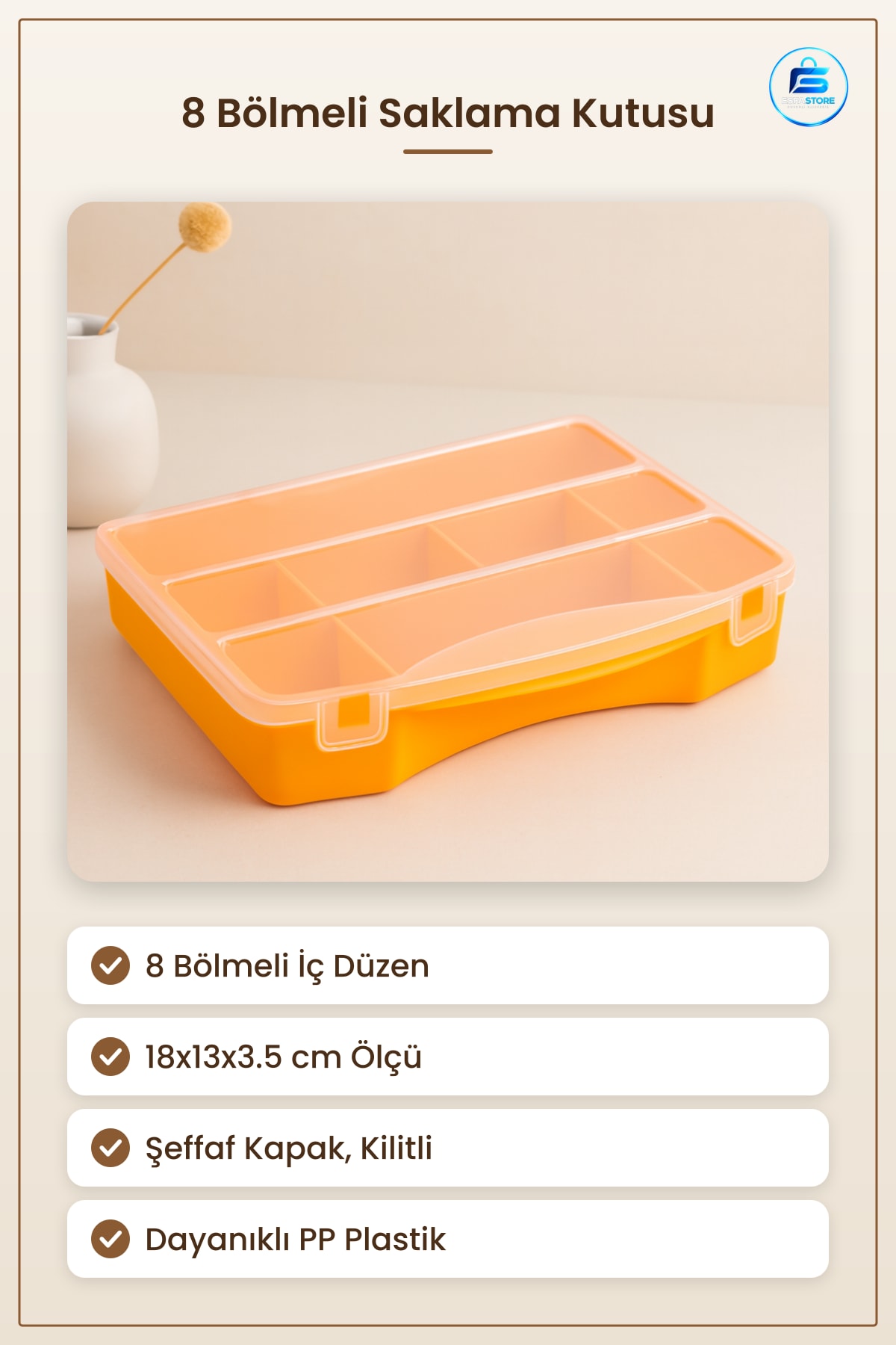 Saklama Kutusu 8 Bölmeli Organizer 18x13x3.5 cm Şeffaf Kapaklı Plastik Vida Takı Kırtasiye Ofis