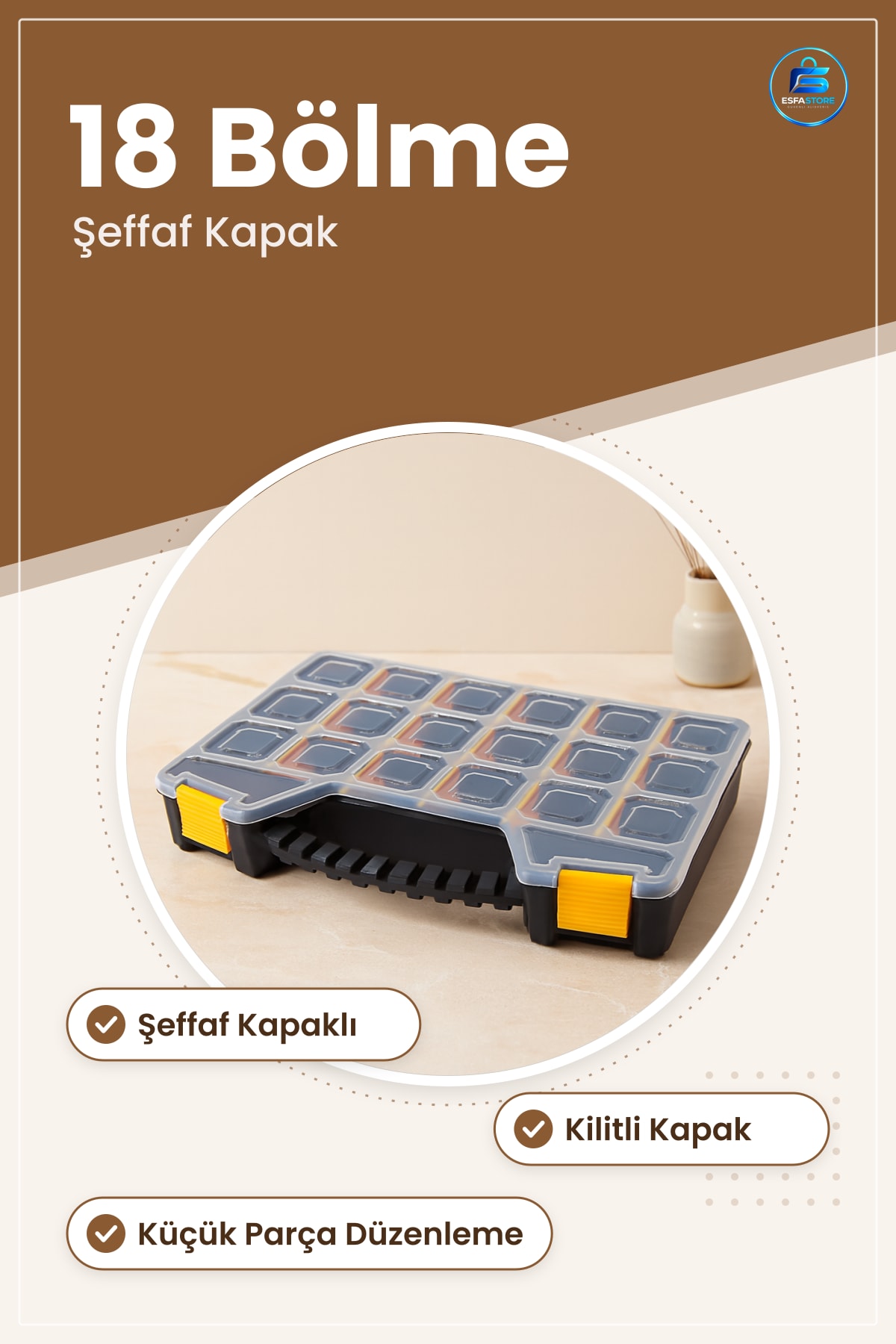 Saklama Kutusu 18 Bölmeli Şeffaf Kapaklı Kilitli Küçük Parça Organizer Vida Takı Düzenleyici