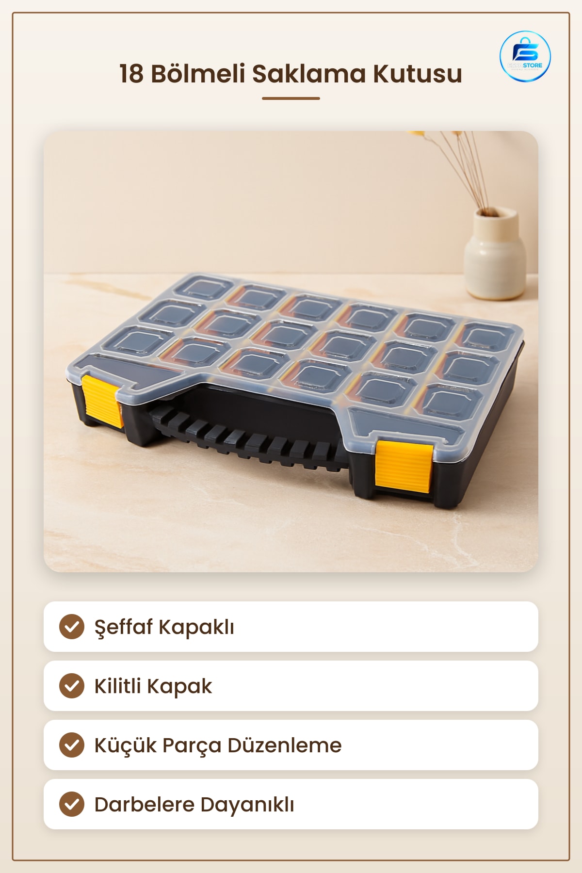 Saklama Kutusu 18 Bölmeli Şeffaf Kapaklı Kilitli Küçük Parça Organizer Vida Takı Düzenleyici