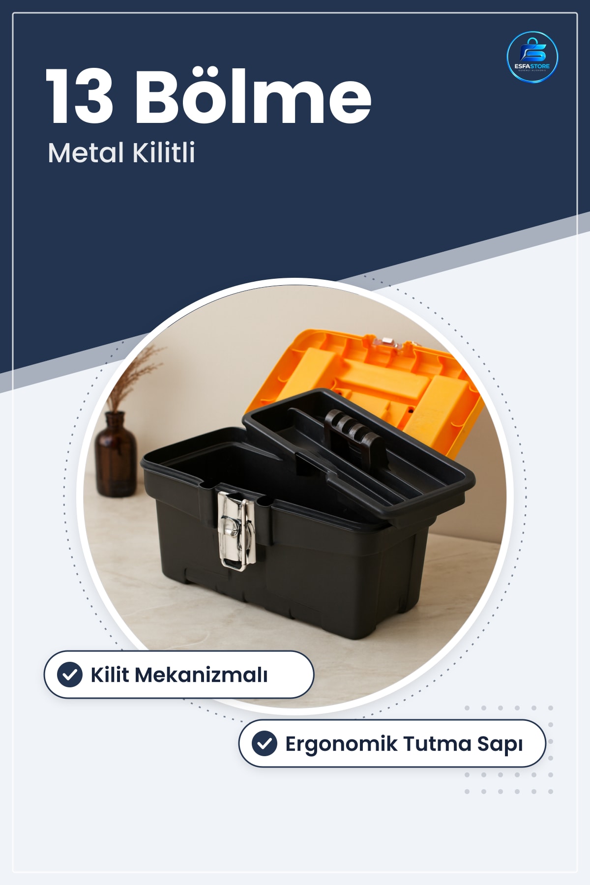 Takım Çantası 13 Bölmeli Metal Kilitli Plastik Gövdeli Taşınabilir Atölye Alet Kutusu Organizer