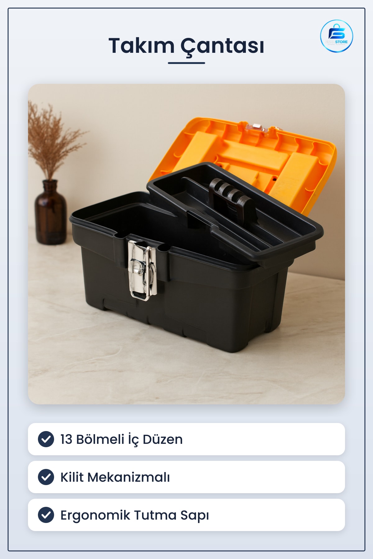 Takım Çantası 13 Bölmeli Metal Kilitli Plastik Gövdeli Taşınabilir Atölye Alet Kutusu Organizer
