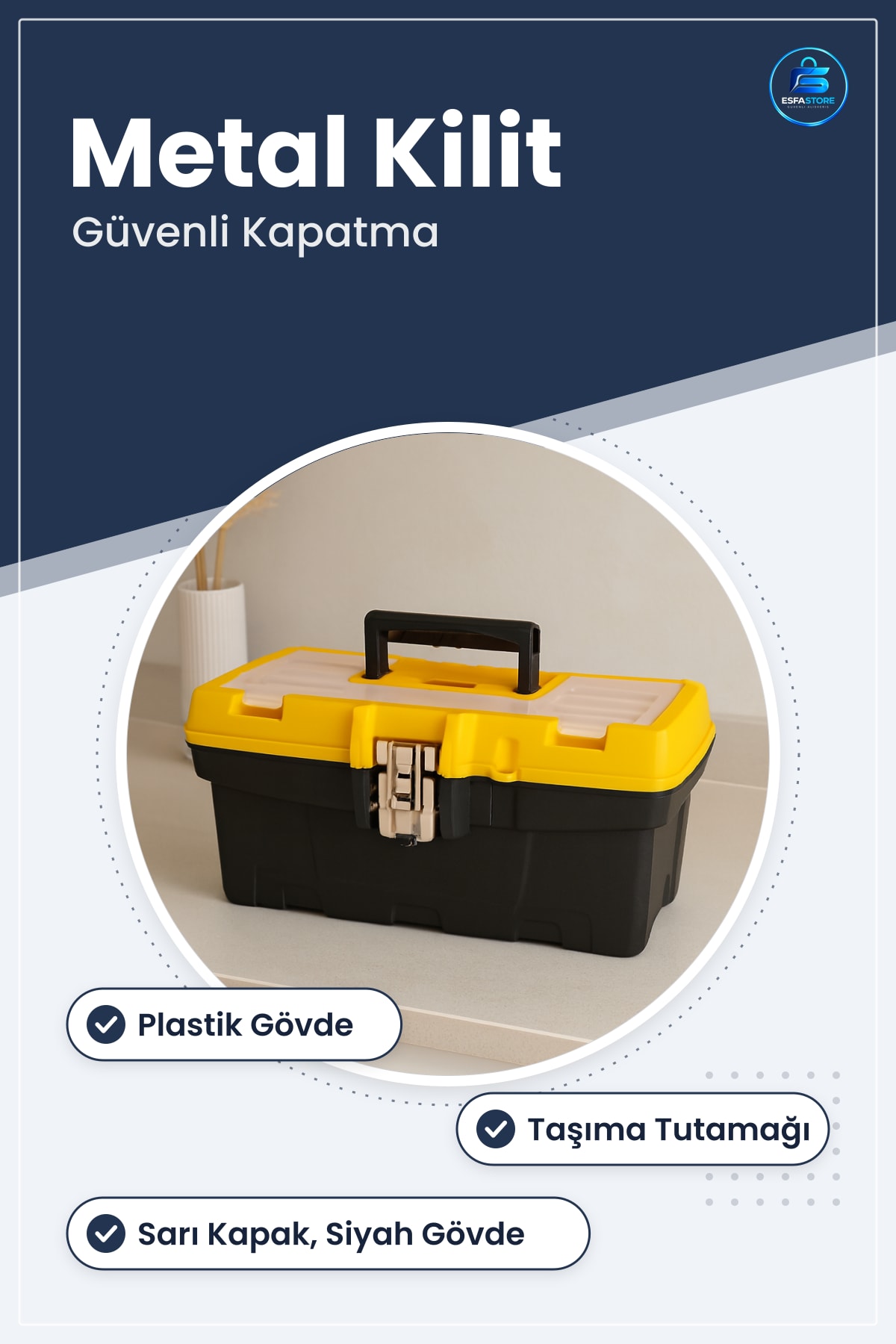 Takım Çantası Plastik Gövdeli Metal Kilitli Kulplu Alet Kutusu Sarı Siyah Atölye Hırdavat