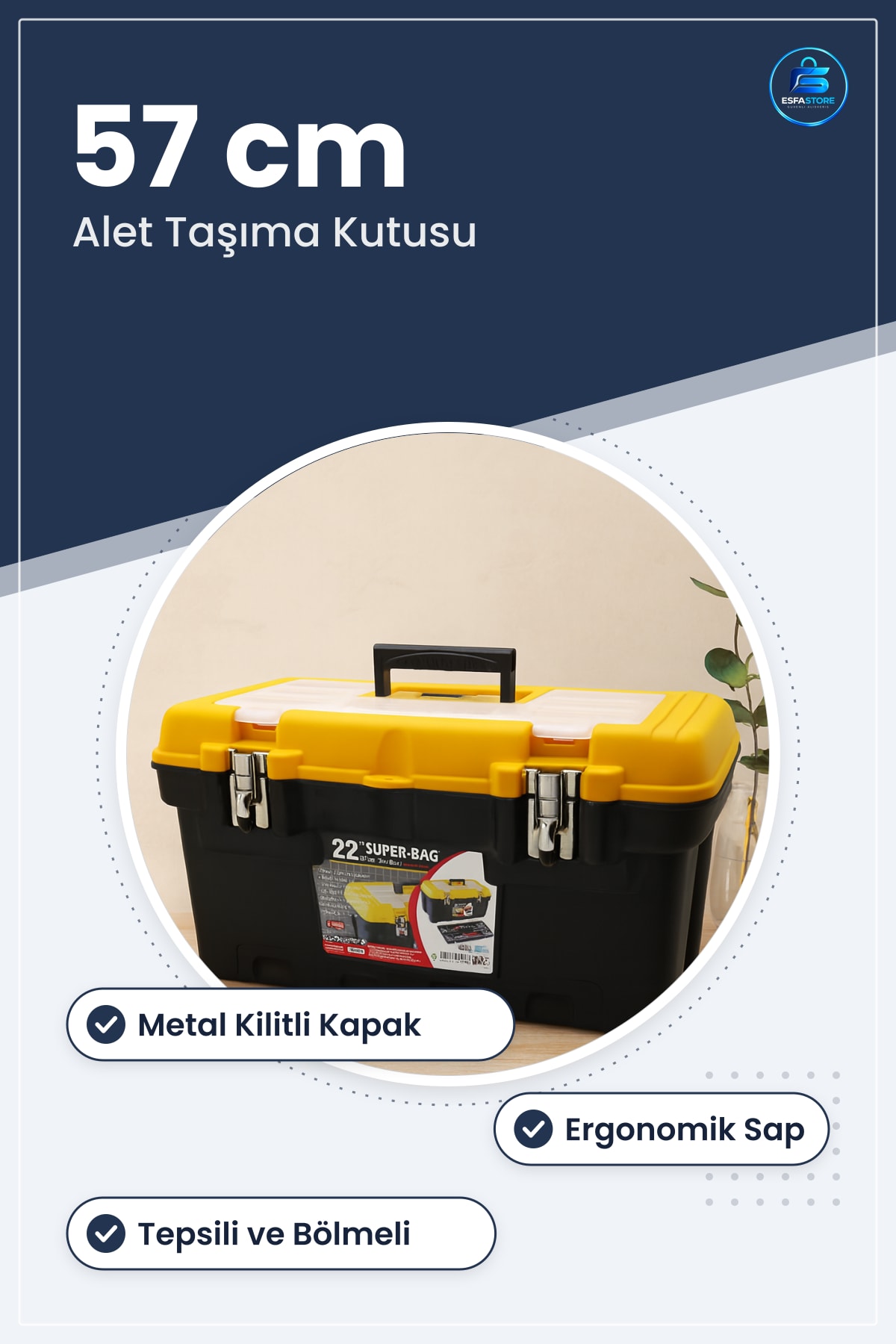 Takım Çantası 57 cm 'lik Metal Kilitli Alet Taşıma Kutusu Atölye Hırdavat Düzenleyici