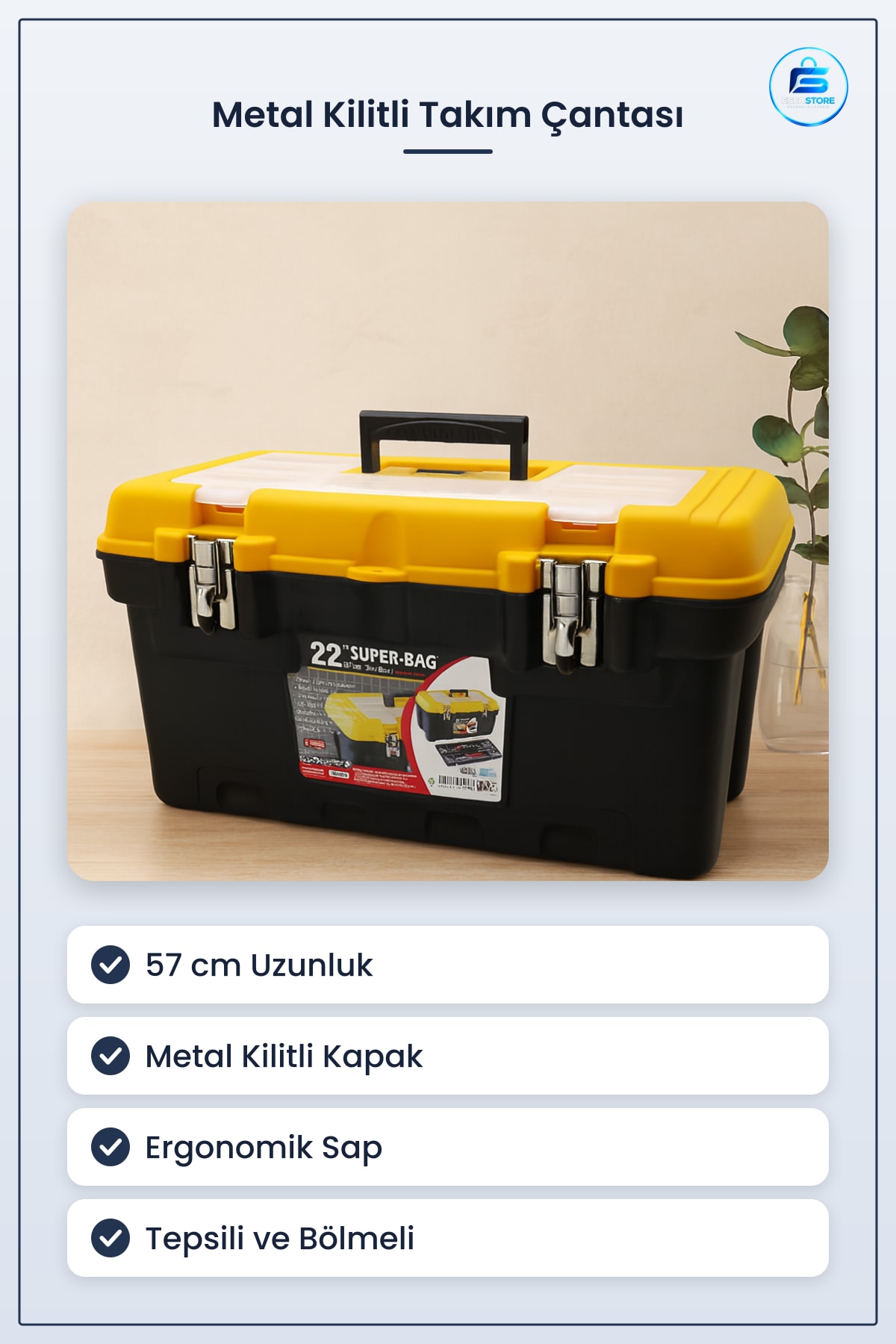 Takım Çantası 57 cm 'lik Metal Kilitli Alet Taşıma Kutusu Atölye Hırdavat Düzenleyici