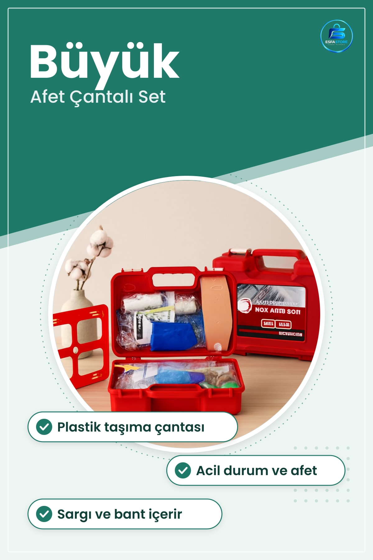 İlk Yardım Seti Büyük Acil Afet Çantalı Plastik Taşıma Kırmızı Deprem Ev Araç Ofis Hazır
