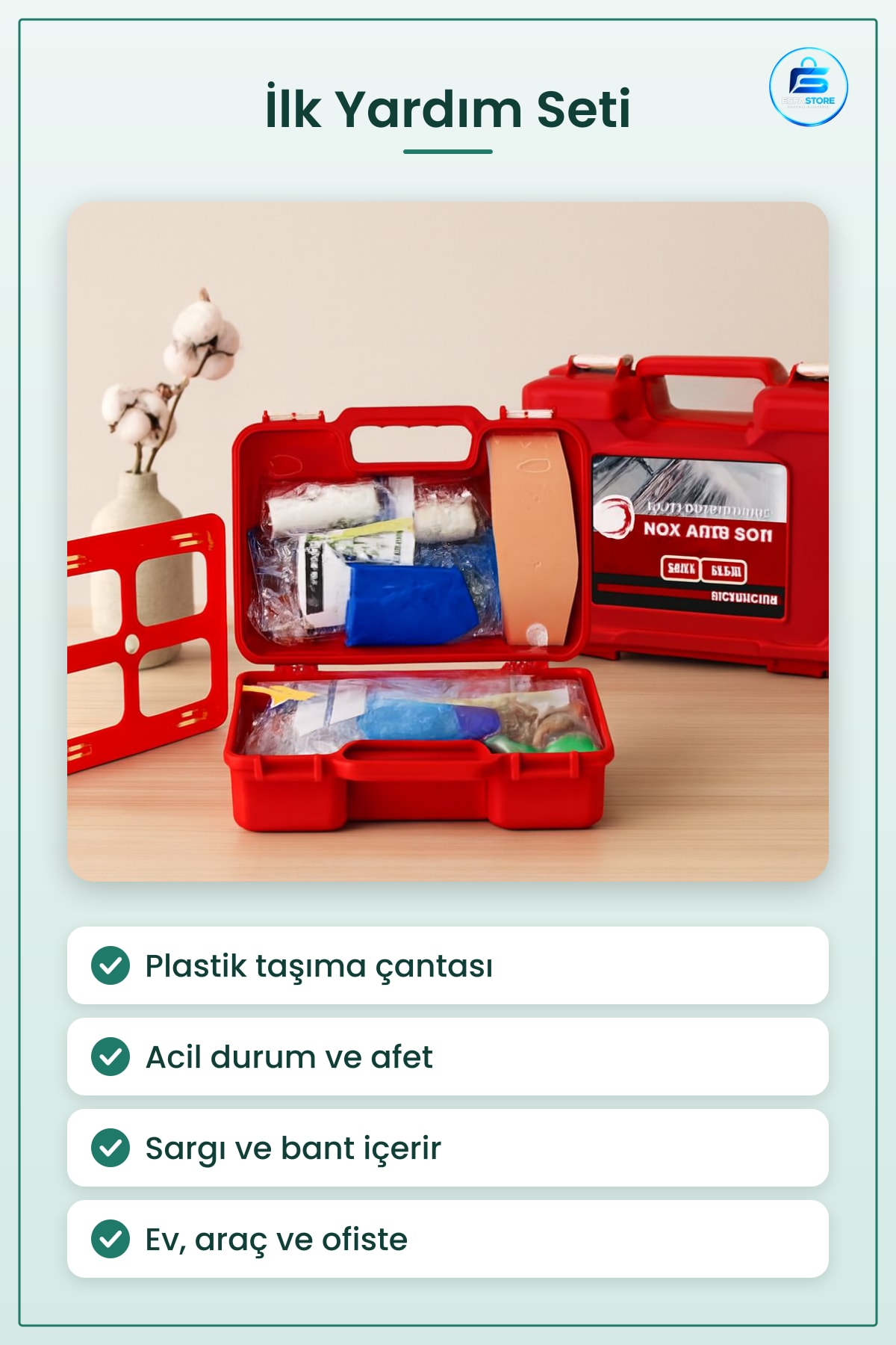 İlk Yardım Seti Büyük Acil Afet Çantalı Plastik Taşıma Kırmızı Deprem Ev Araç Ofis Hazır