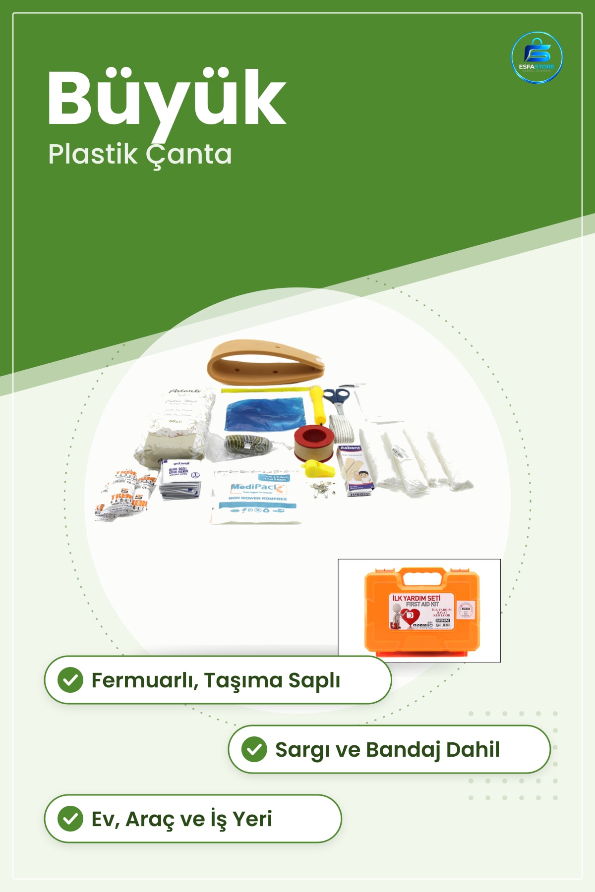 İlk Yardım Ekipmanı Büyük Plastik Çantalı Seti Ev Araç İş Yeri Yara Bakım Sargı Bandaj