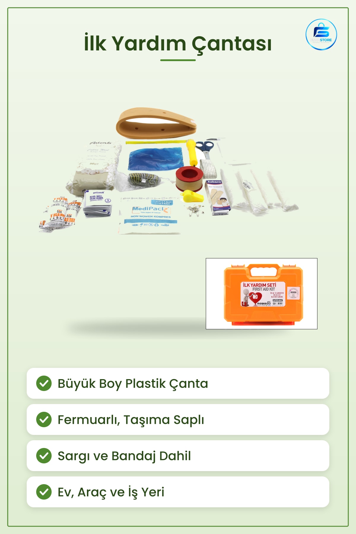 İlk Yardım Ekipmanı Büyük Plastik Çantalı Seti Ev Araç İş Yeri Yara Bakım Sargı Bandaj