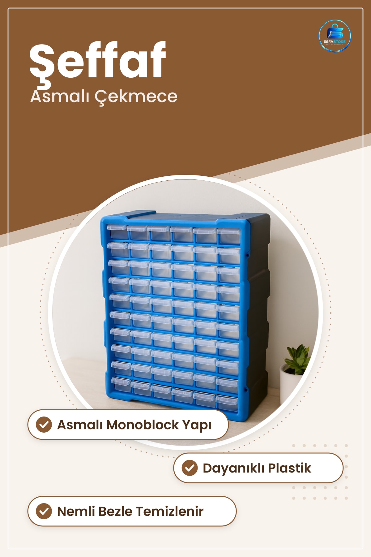 Dolap İçi Düzenleyici Asmalı Monoblock Çekmece Şeffaf Plastik Organizer Kırtasiye Aksesuar