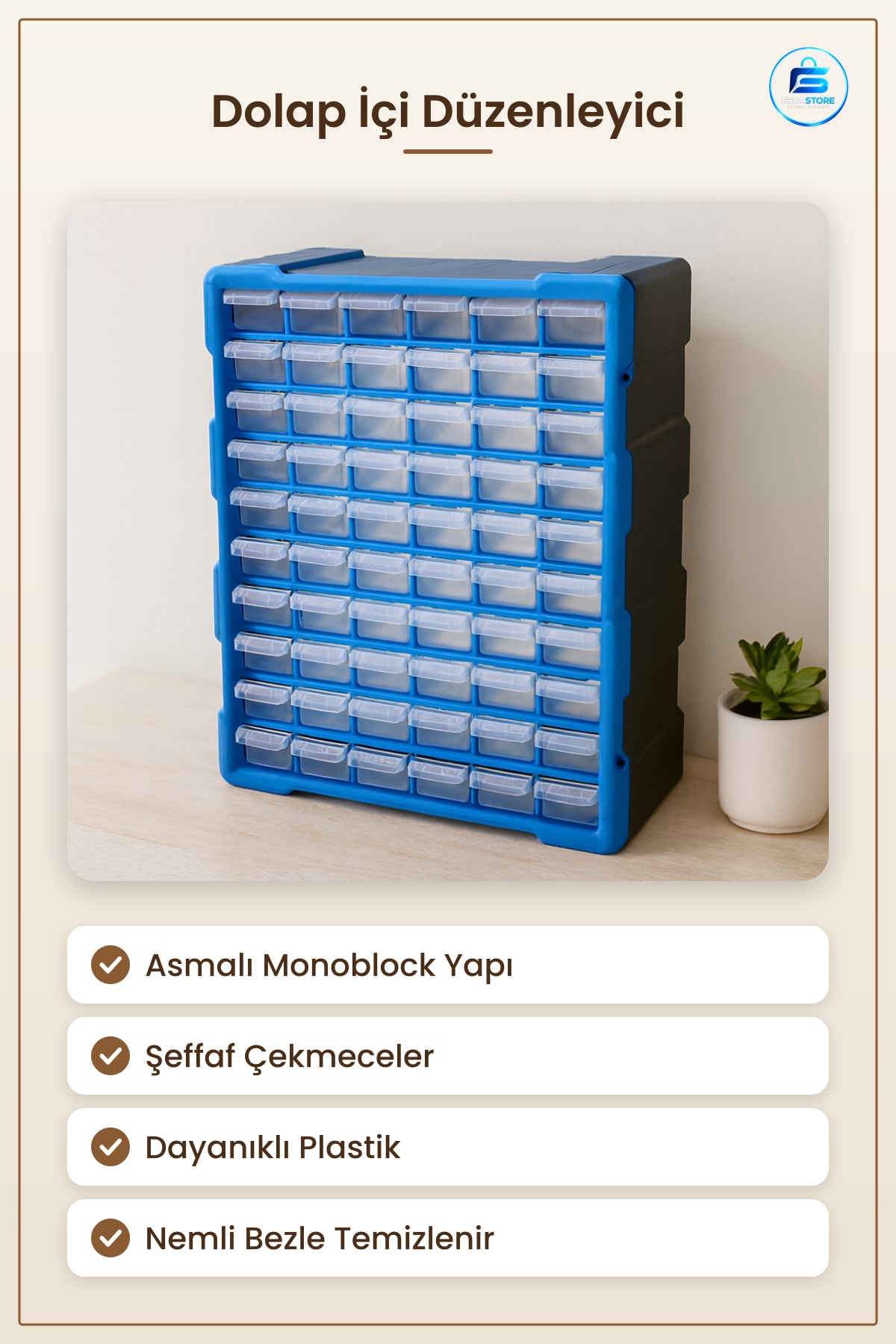 Dolap İçi Düzenleyici Asmalı Monoblock Çekmece Şeffaf Plastik Organizer Kırtasiye Aksesuar