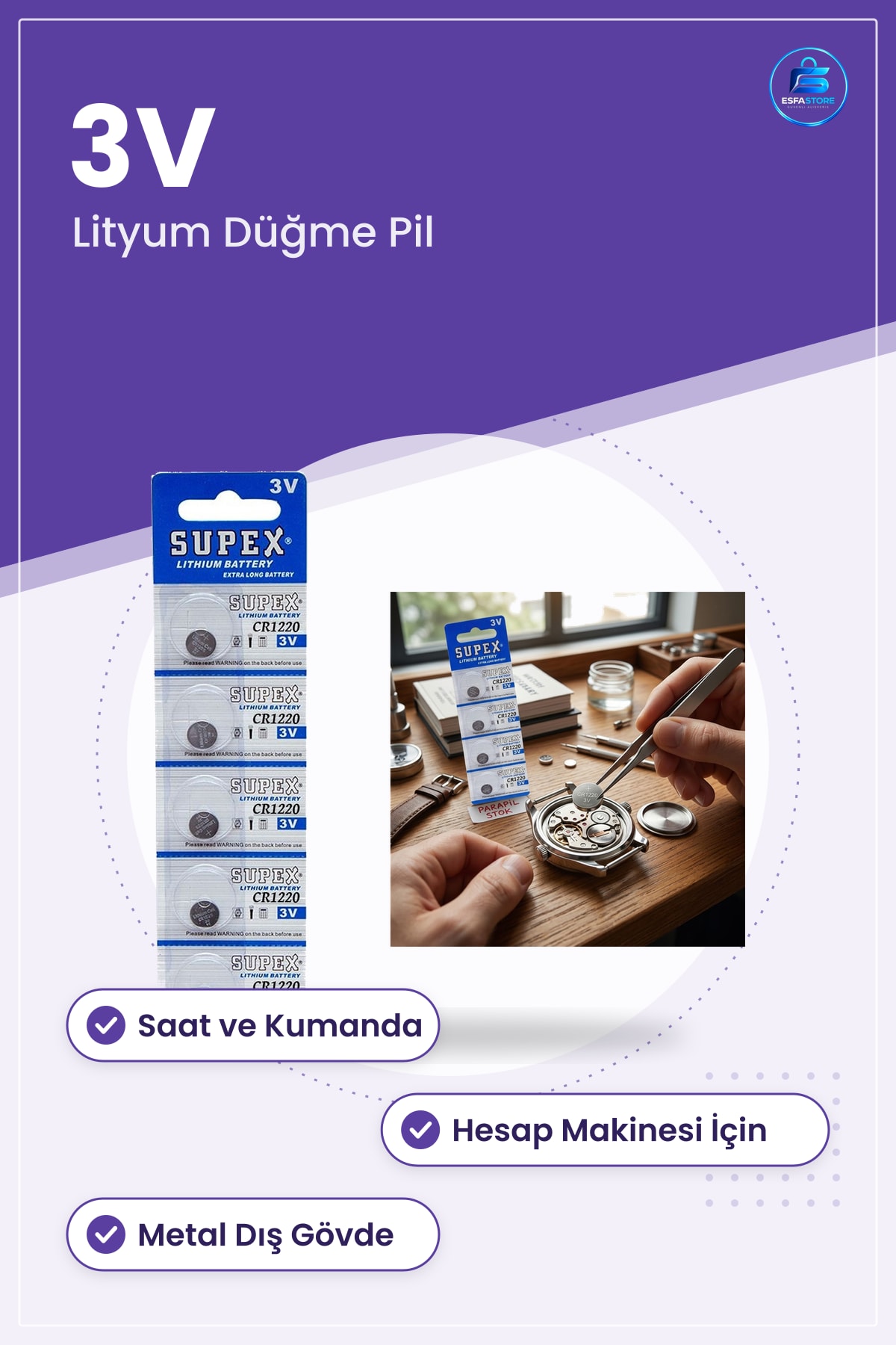 Düğme Pil CR1220 Lityum 3V Saat Kumanda Hesap Makinesi Uyumlu Metal Dış Gövdeli Uzun Raf Ömürlü
