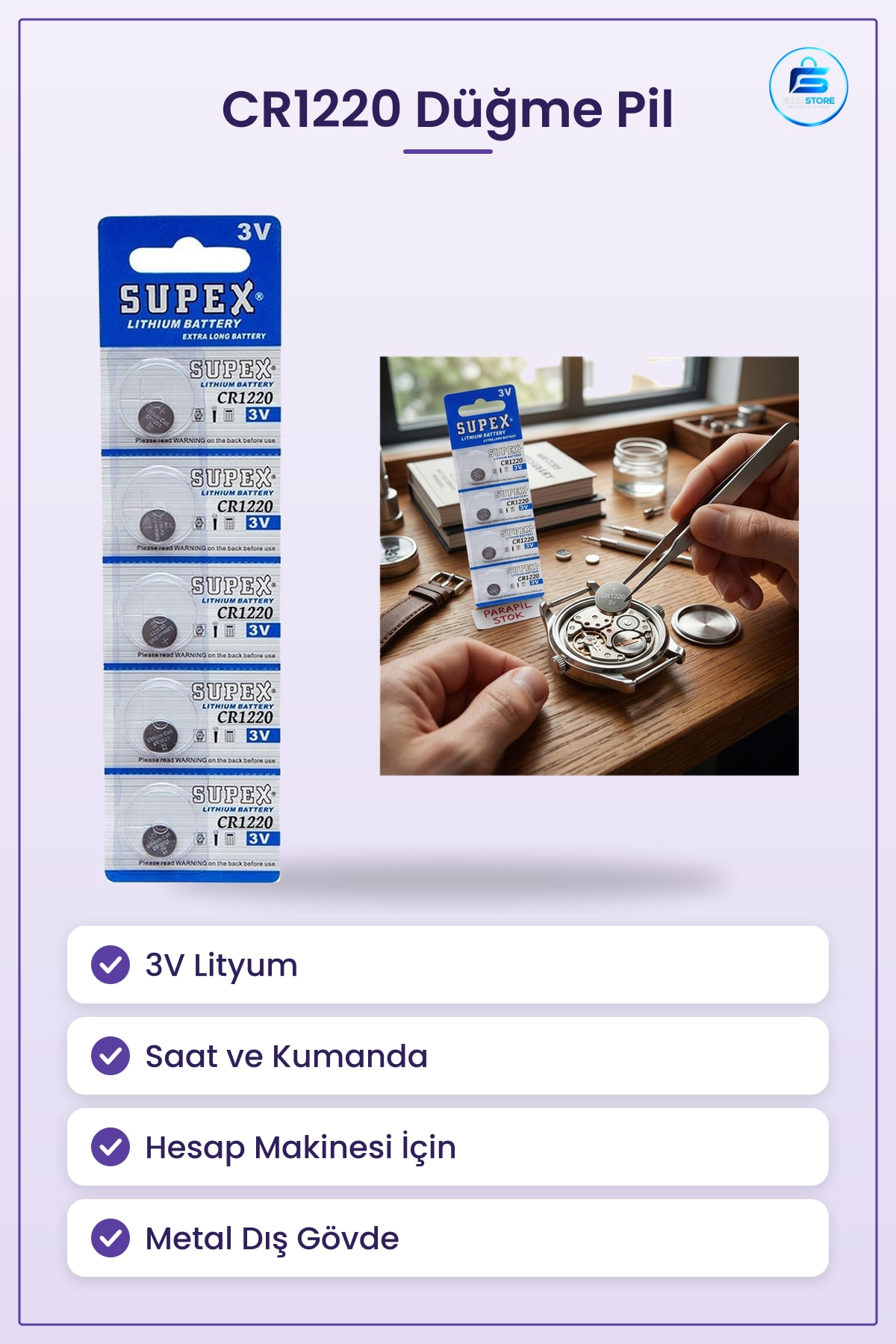 Düğme Pil CR1220 Lityum 3V Saat Kumanda Hesap Makinesi Uyumlu Metal Dış Gövdeli Uzun Raf Ömürlü