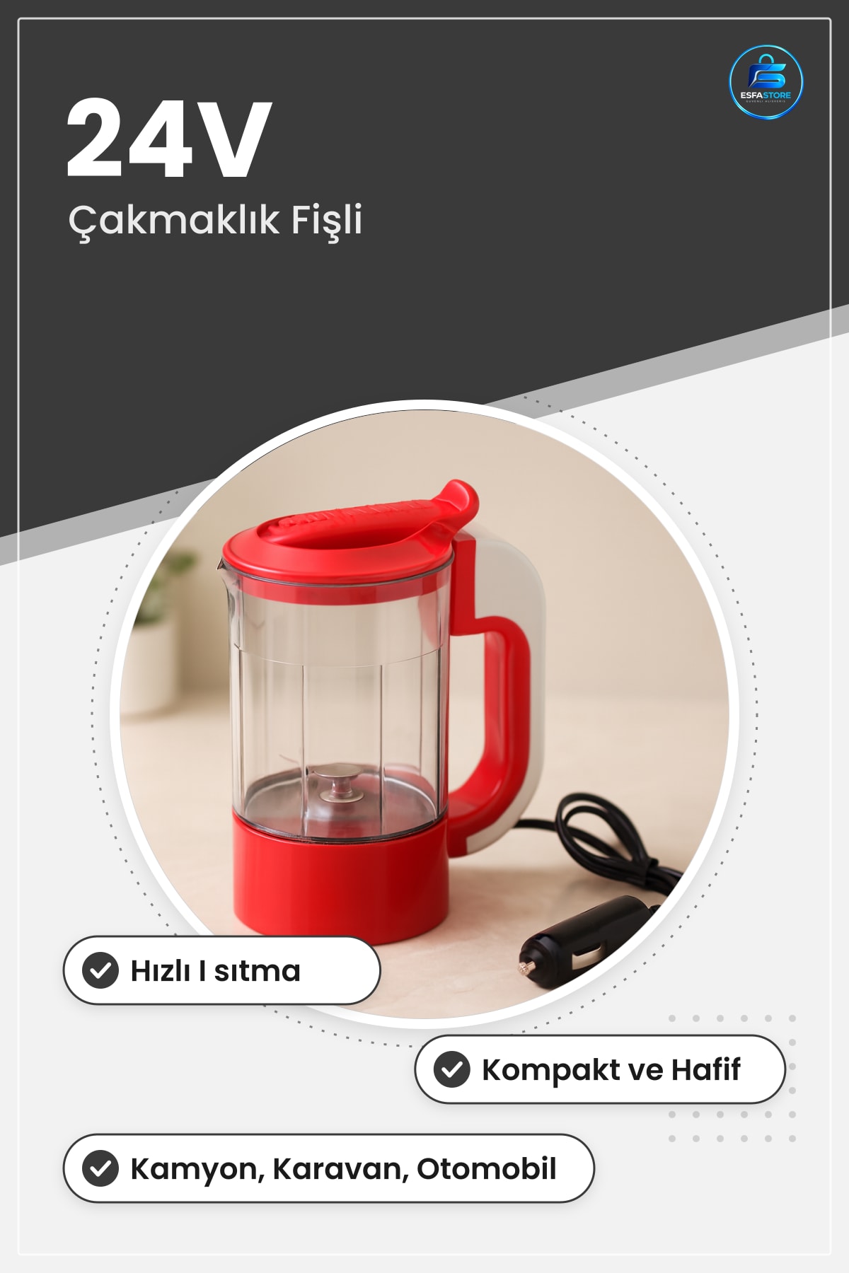 Araç Su Isıtıcısı 24V Çakmaklık Fişli Oto Bardaklık Taşınabilir Kamyon Karavan Çay Kahve