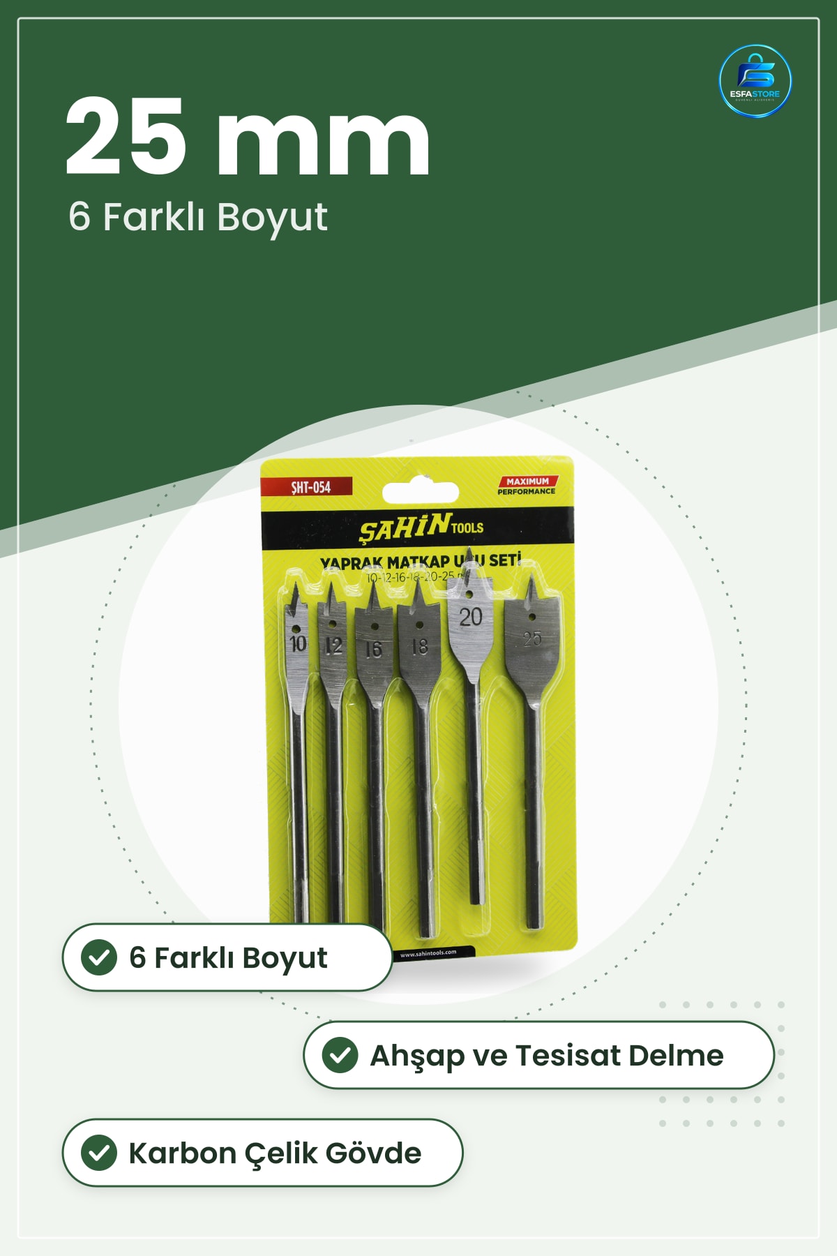 Yaprak Matkap Ucu Seti 25 mm Ahşap ve Sıhhi Tesisat Delme Karbon Çelik Kullanışlı