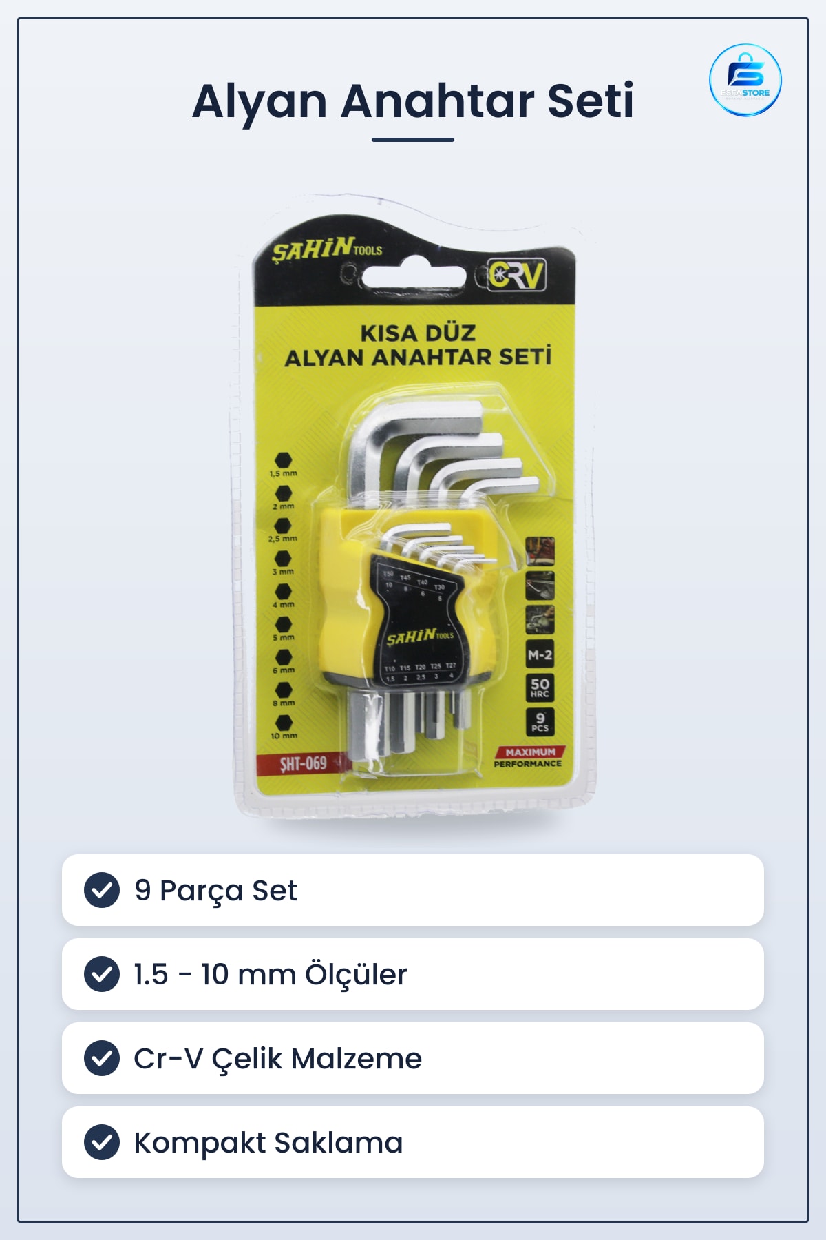 Alyan Anahtar Seti 9 Parça Kısa Düz 1.5 ila 10 mm Cr V Çelik Mobilya Montaj Tamirat Takımı