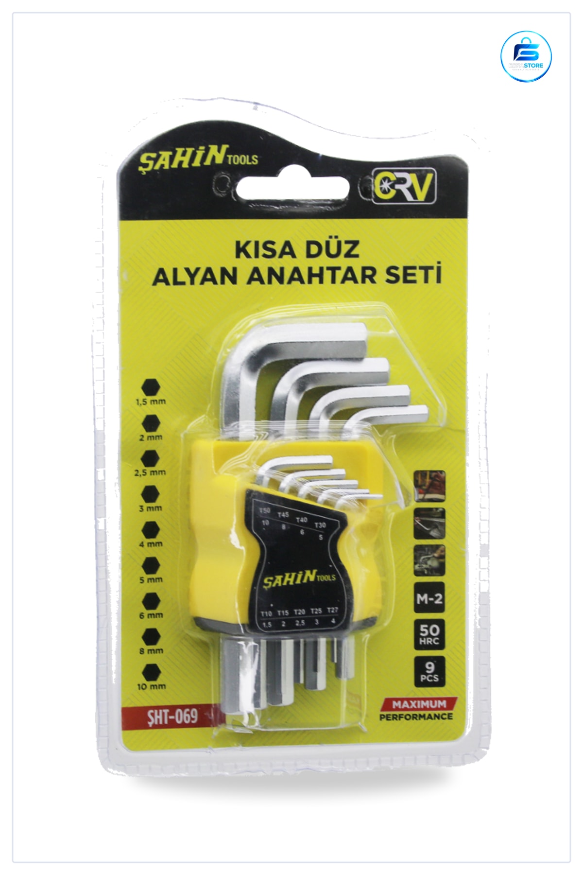 Alyan Anahtar Seti 9 Parça Kısa Düz 1.5 ila 10 mm Cr V Çelik Mobilya Montaj Tamirat Takımı