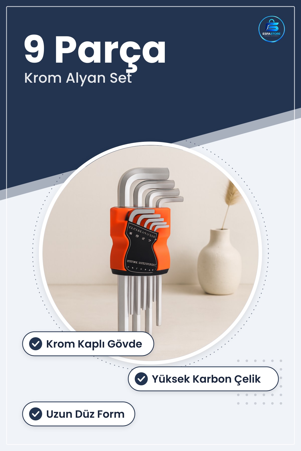 Alyan Anahtar Seti 9 Parça Krom Uzun Düz Yüksek Karbon Çelik Montaj ve Tamir İçin Otomotiv