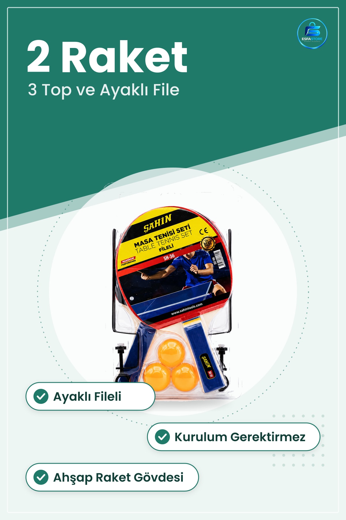 Masa Tenisi Seti 2 Raket 3 Top Ayaklı Fileli Pinpon Ev Okul Bahçe Oyunu Ahşap Gövdeli