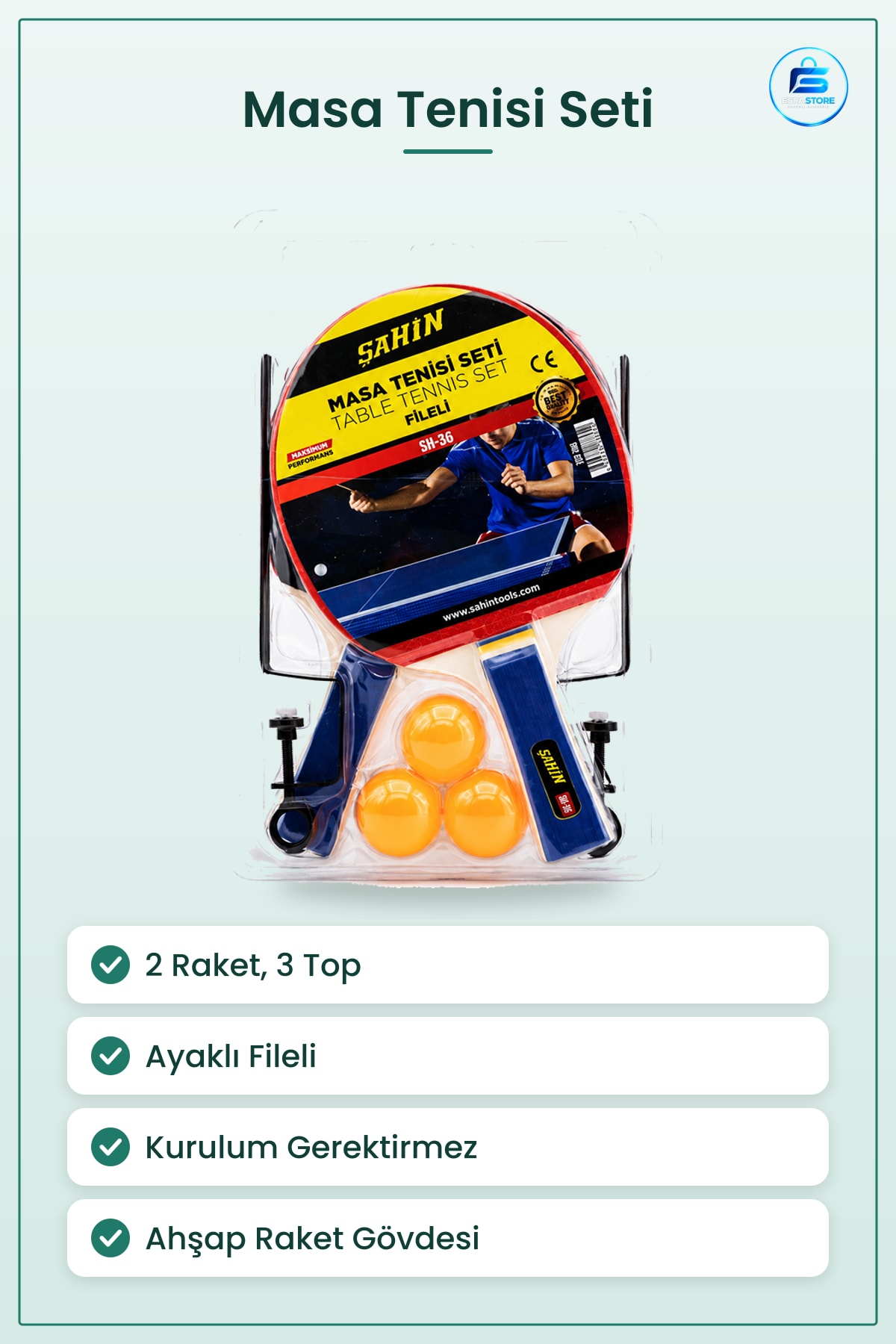 Masa Tenisi Seti 2 Raket 3 Top Ayaklı Fileli Pinpon Ev Okul Bahçe Oyunu Ahşap Gövdeli