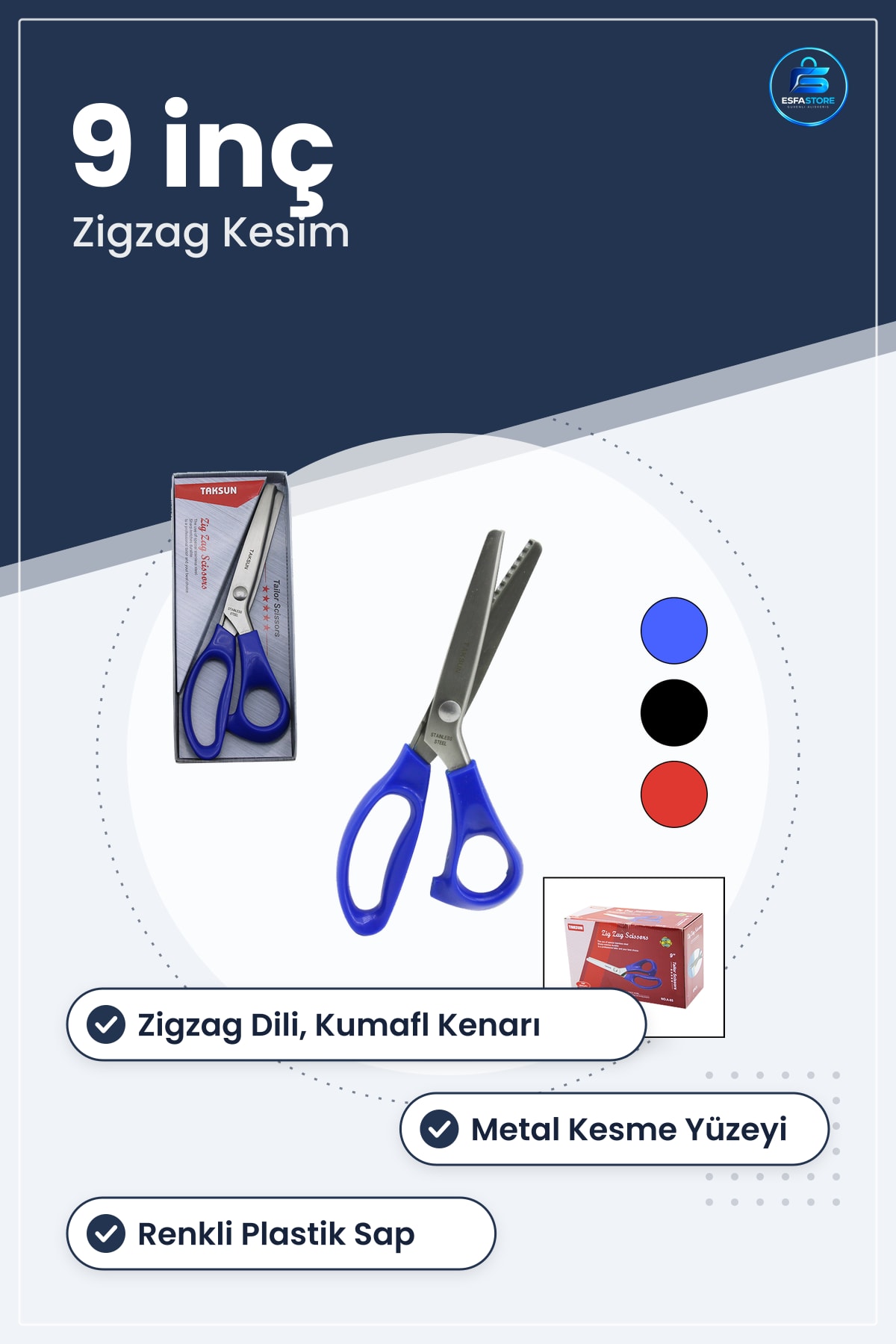 Zigzag Kesim Terzi Makası 9" Renkli Plastik Sap Kumaş Kenar Kesici Makas Dikiş Hobi Terzilik