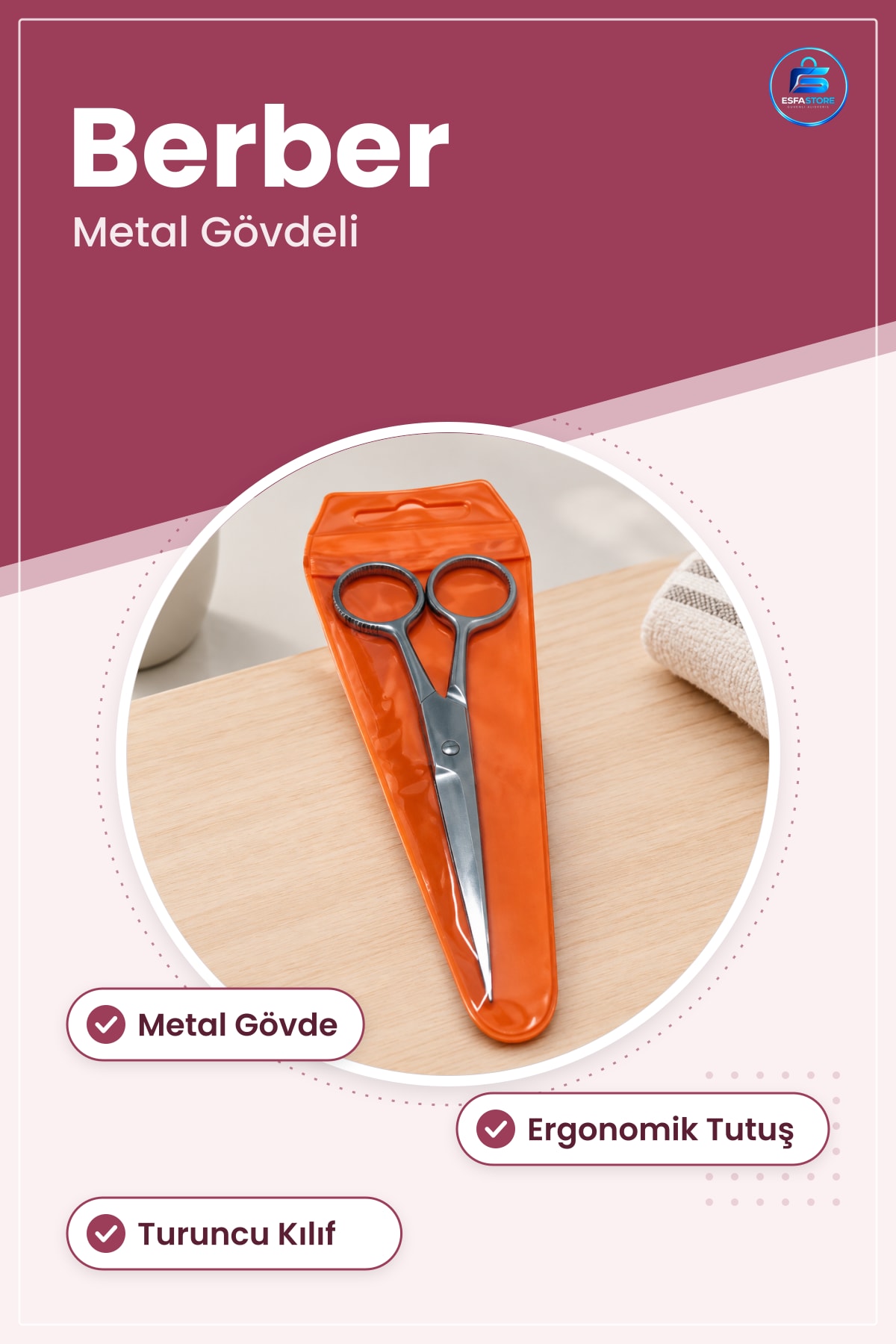 Saç Kesim Makası Berber Metal Gövdeli Turuncu Kılıflı Keskin Dayanıklı Kuaför Salon Evde Kullanım