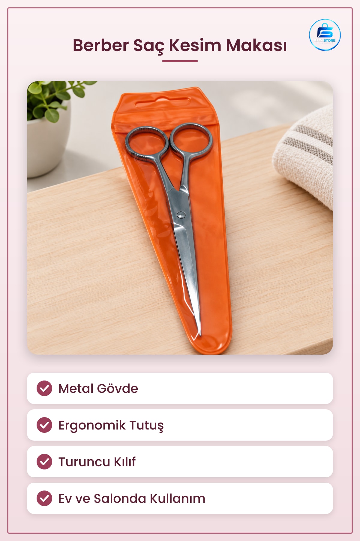 Saç Kesim Makası Berber Metal Gövdeli Turuncu Kılıflı Keskin Dayanıklı Kuaför Salon Evde Kullanım