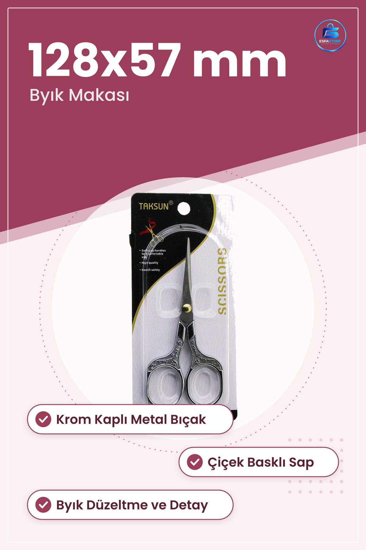Saç Kesim Makası Bıyık Berber 128x57 mm Krom Kaplı Çiçek Basklı Sap Detay Tıraşı Kişisel Bakım