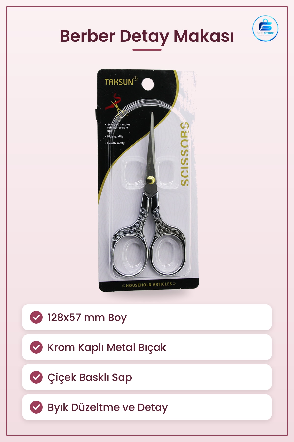 Saç Kesim Makası Bıyık Berber 128x57 mm Krom Kaplı Çiçek Basklı Sap Detay Tıraşı Kişisel Bakım