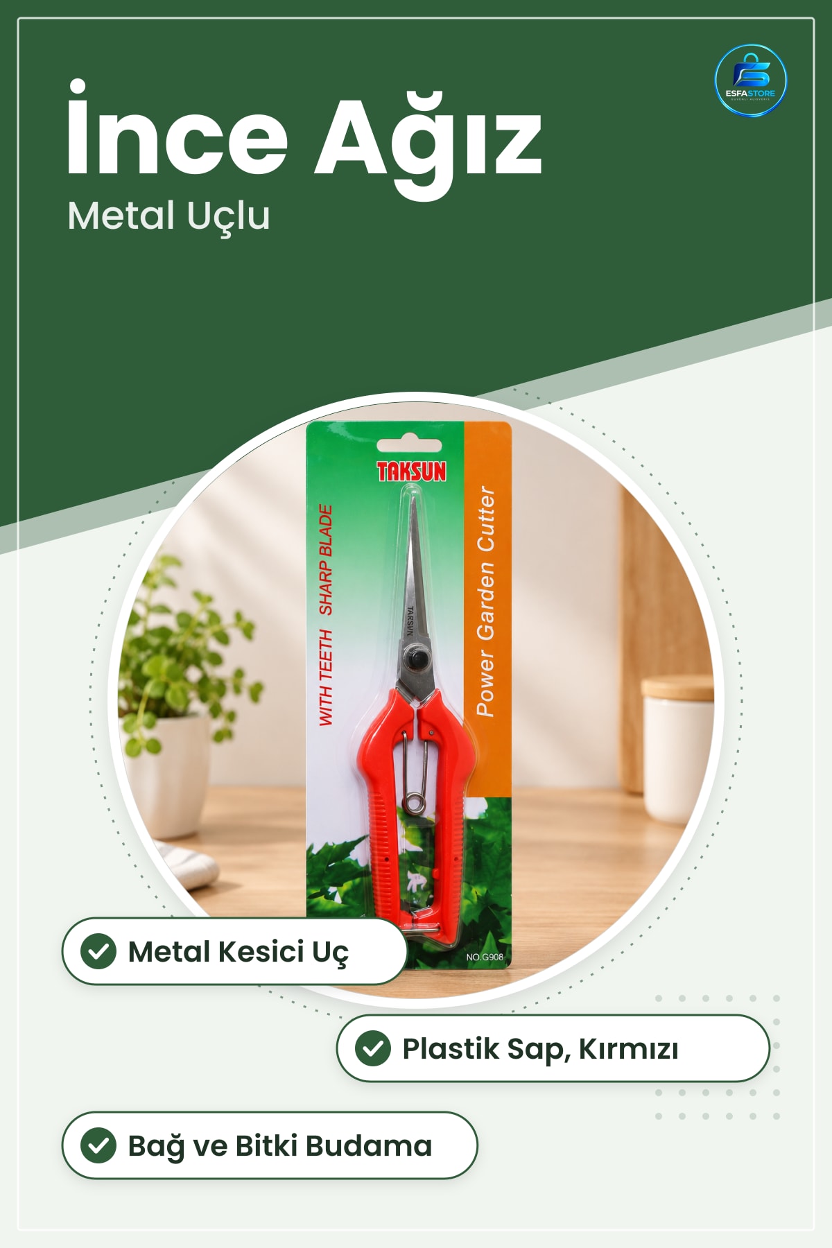 Kırpma Makası İnce Ağız Metal Uçlu Bağ Budama Bahçe Bitki Bakım Plastik Saplı Kırmızı