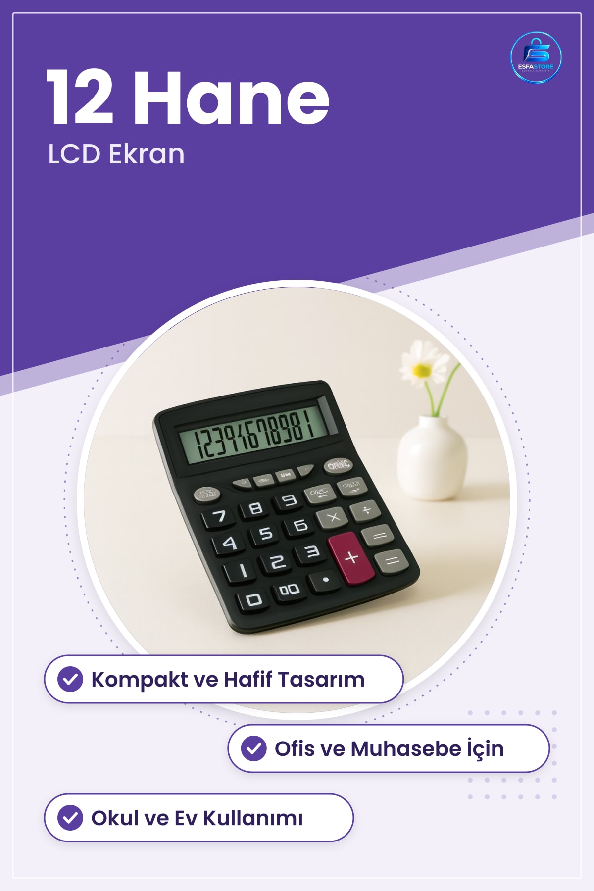 Masaüstü Hesap Makinesi Haneli LCD Ekran Ofis Muhasebe Kasa Okul Kompakt Tasarım Taşınabilir
