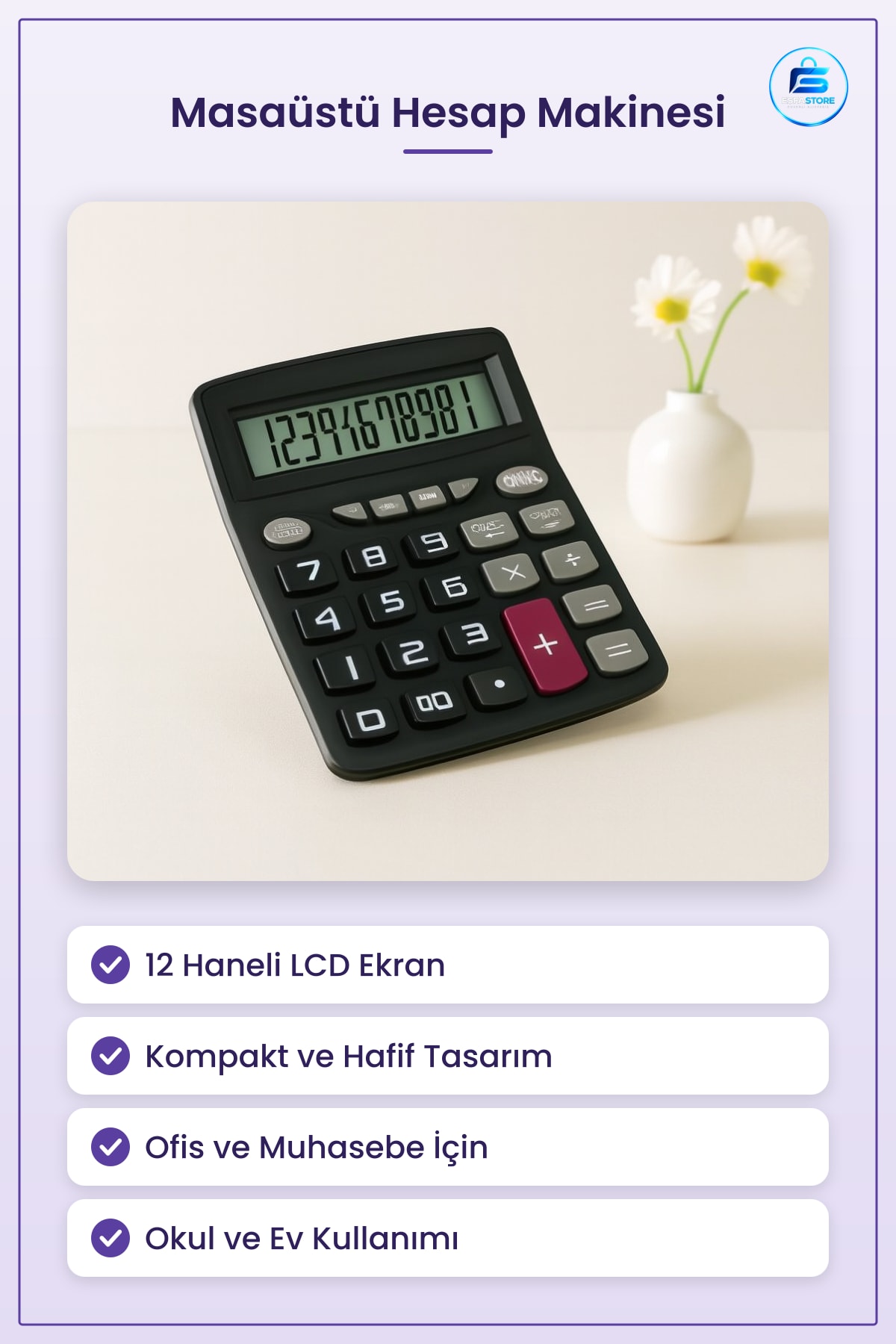 Masaüstü Hesap Makinesi Haneli LCD Ekran Ofis Muhasebe Kasa Okul Kompakt Tasarım Taşınabilir