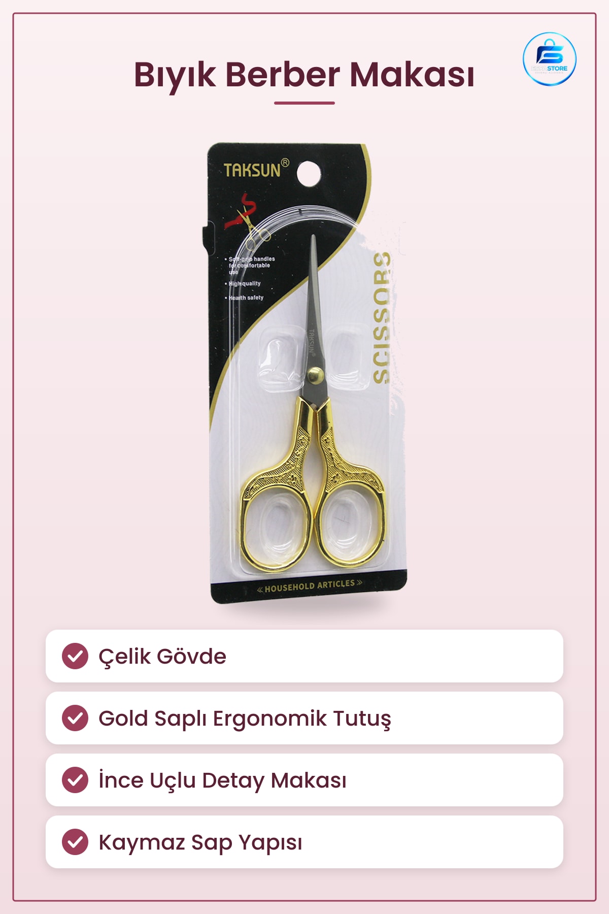 Bıyık Berber Saç Kesim Makası Gold Saplı Çelik Gövdeli Keskin İnce Uçlu Detay Yüz Tıraşı