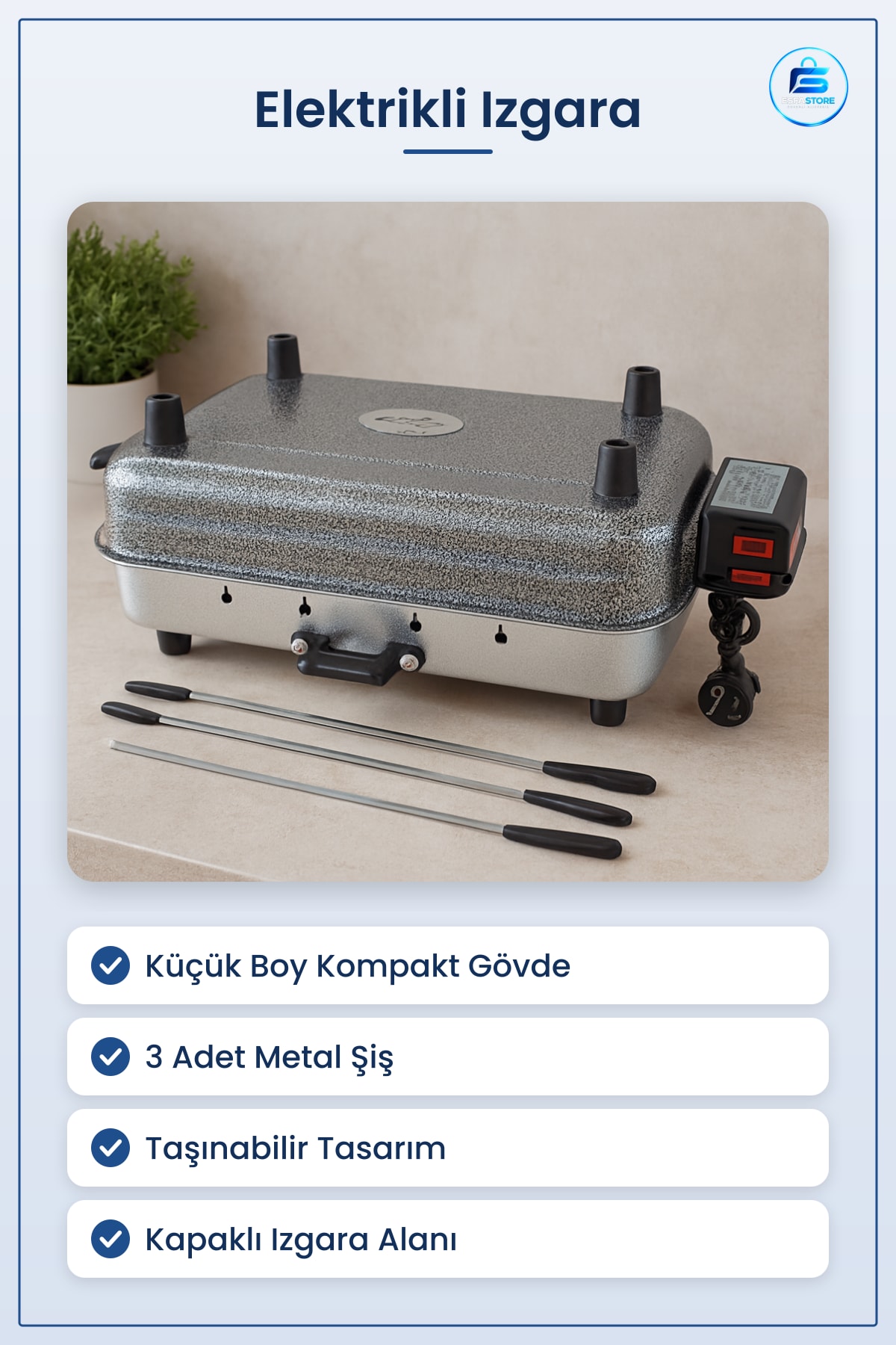 Elektrikli Izgara Küçük Boy Standart Şişli Taşınabilir Mutfak Balkon Piknik Kompakt Dış Mekan