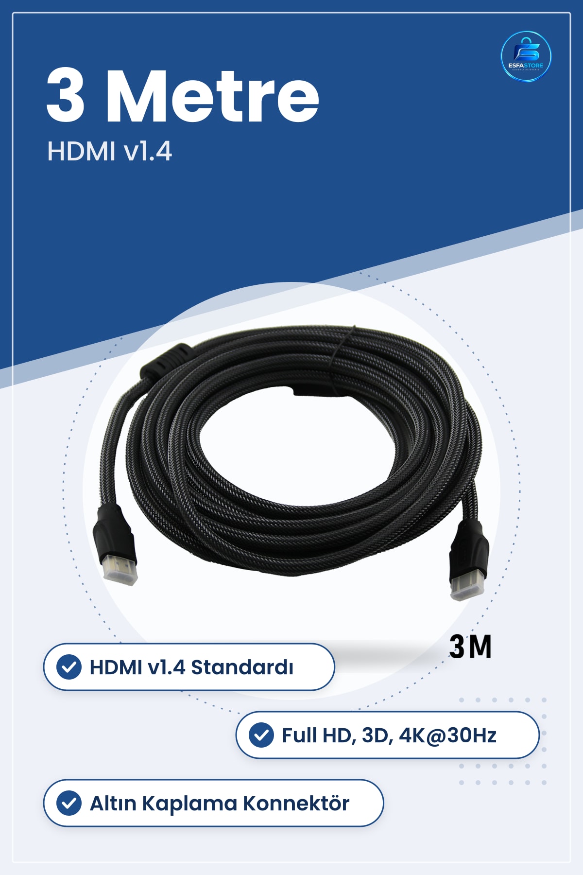 HDMI v1.4 Kablo 3 Metre Örgülü Altın Kaplama Full HD 3D 4K 30Hz TV Monitör Bağlantı Ev Sineması