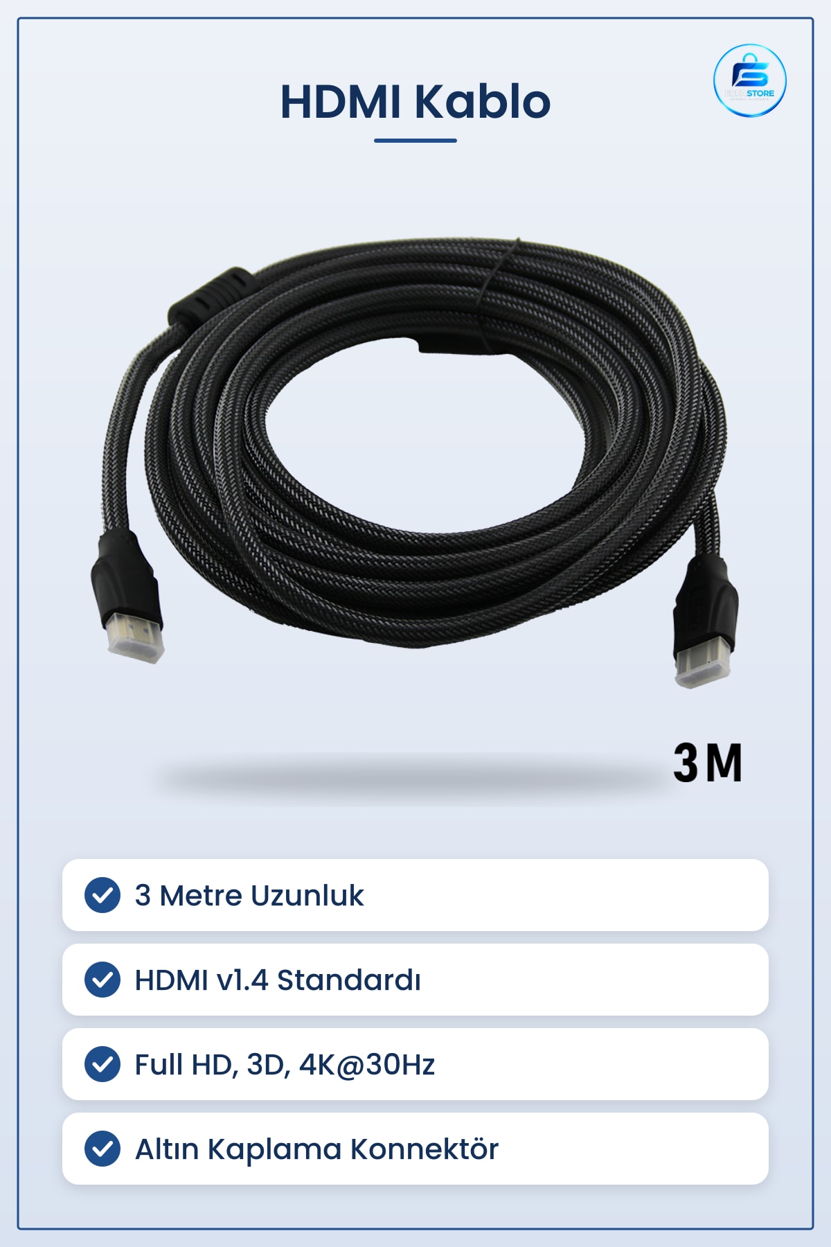 HDMI v1.4 Kablo 3 Metre Örgülü Altın Kaplama Full HD 3D 4K 30Hz TV Monitör Bağlantı Ev Sineması