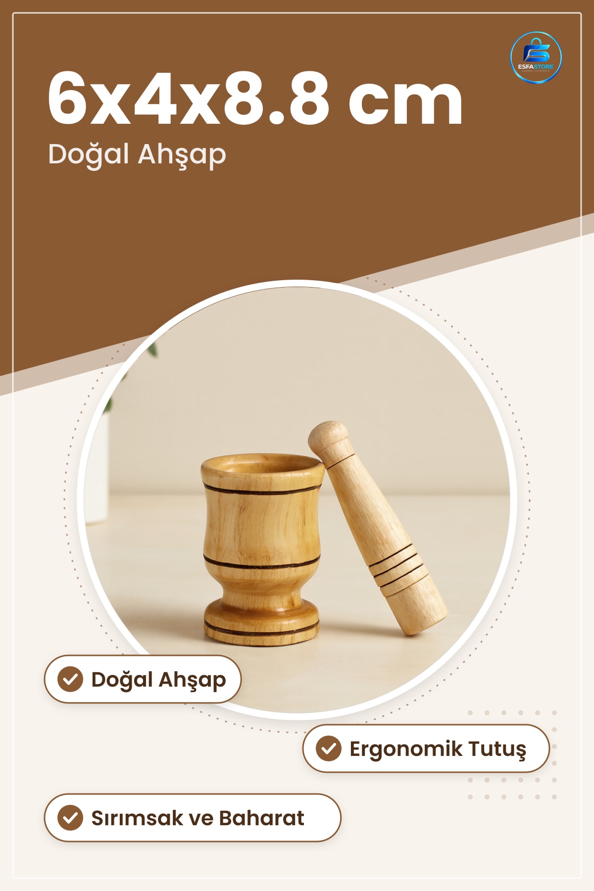 Havan Küçük Ahşap Sırımsak Dövecek 6x4x8.8 cm Mutfak Baharat Ezme Pesto Doğal Yemek Hazırlık