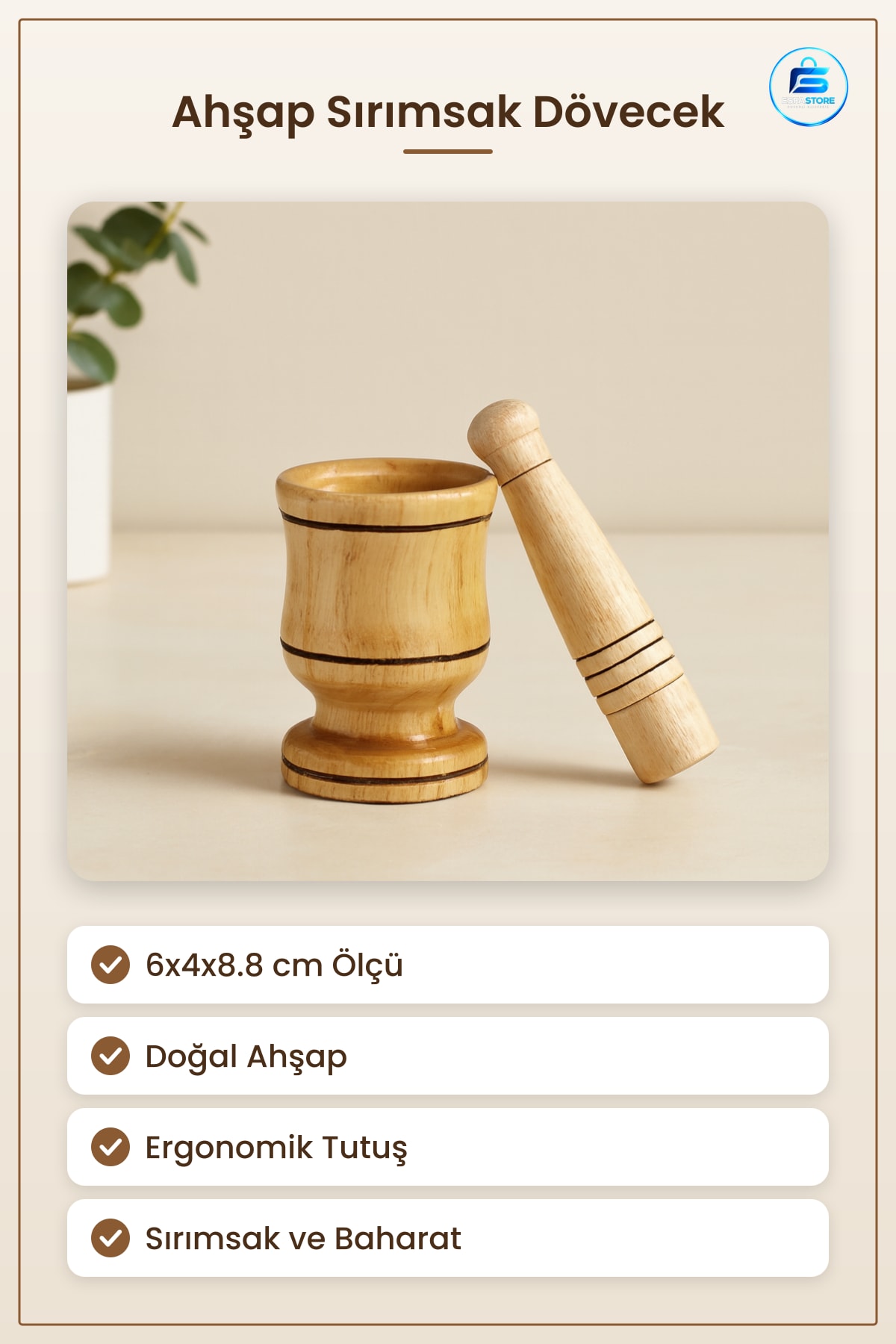 Havan Küçük Ahşap Sırımsak Dövecek 6x4x8.8 cm Mutfak Baharat Ezme Pesto Doğal Yemek Hazırlık