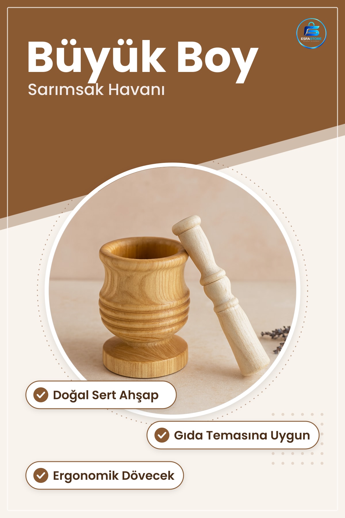 Ahşap Havan Sarımsak Dövecek 8.3×7×12 cm Büyük Boy Mutfak Baharat Ezme Sert Ağaç Doğal
