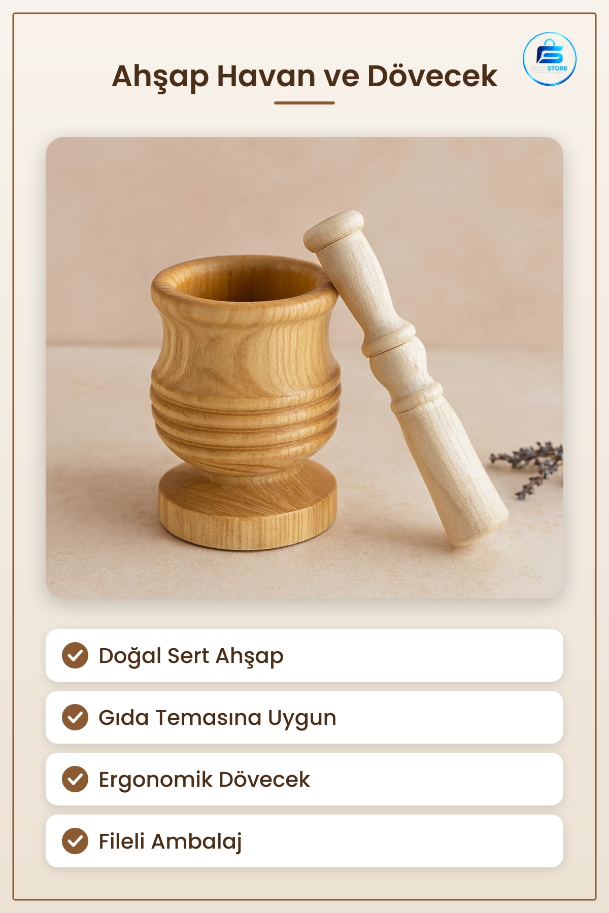 Ahşap Havan Sarımsak Dövecek 8.3×7×12 cm Büyük Boy Mutfak Baharat Ezme Sert Ağaç Doğal