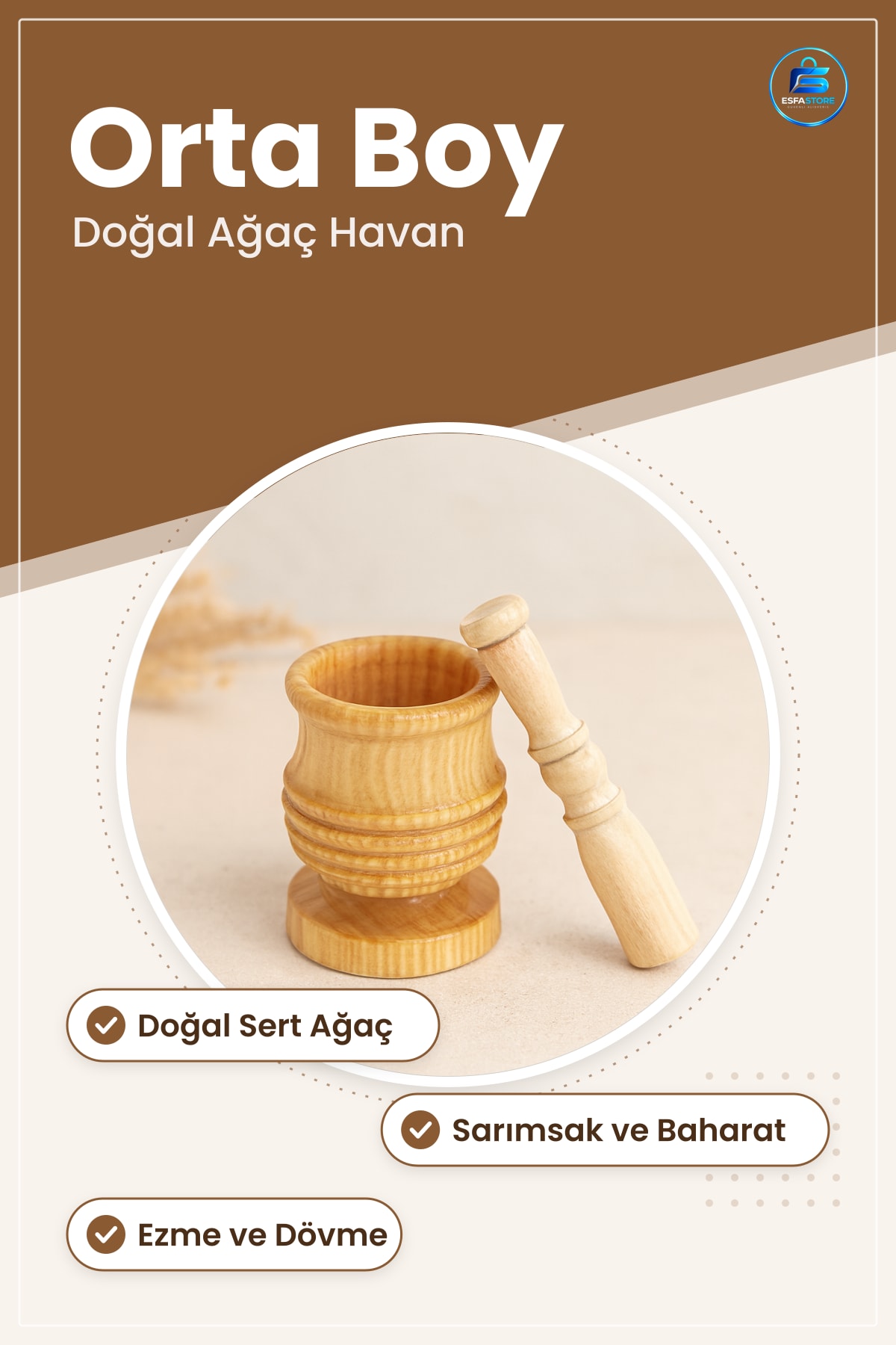 Ahşap Havan Orta Boy Sarımsak Dövecekli Doğal Sert Ağaç Mutfak Baharat ve Ot Ezme Seti