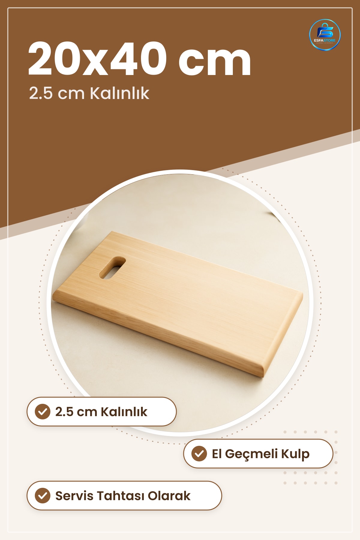 Ahşap Kesim Panosu 20x40 cm 2.5 Kalınlık Kulplu Mutfak Kesme Tahtası Et Sebze Servis Sunum