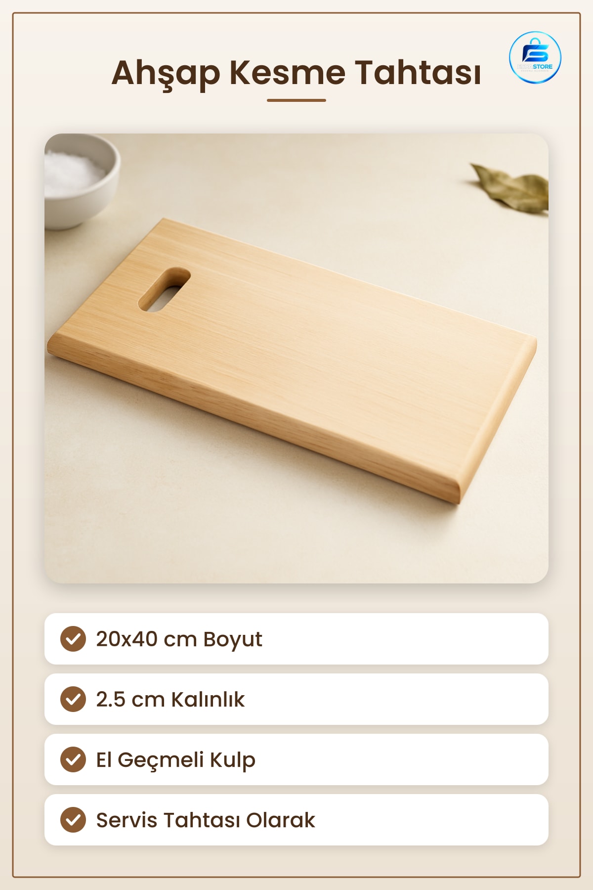 Ahşap Kesim Panosu 20x40 cm 2.5 Kalınlık Kulplu Mutfak Kesme Tahtası Et Sebze Servis Sunum
