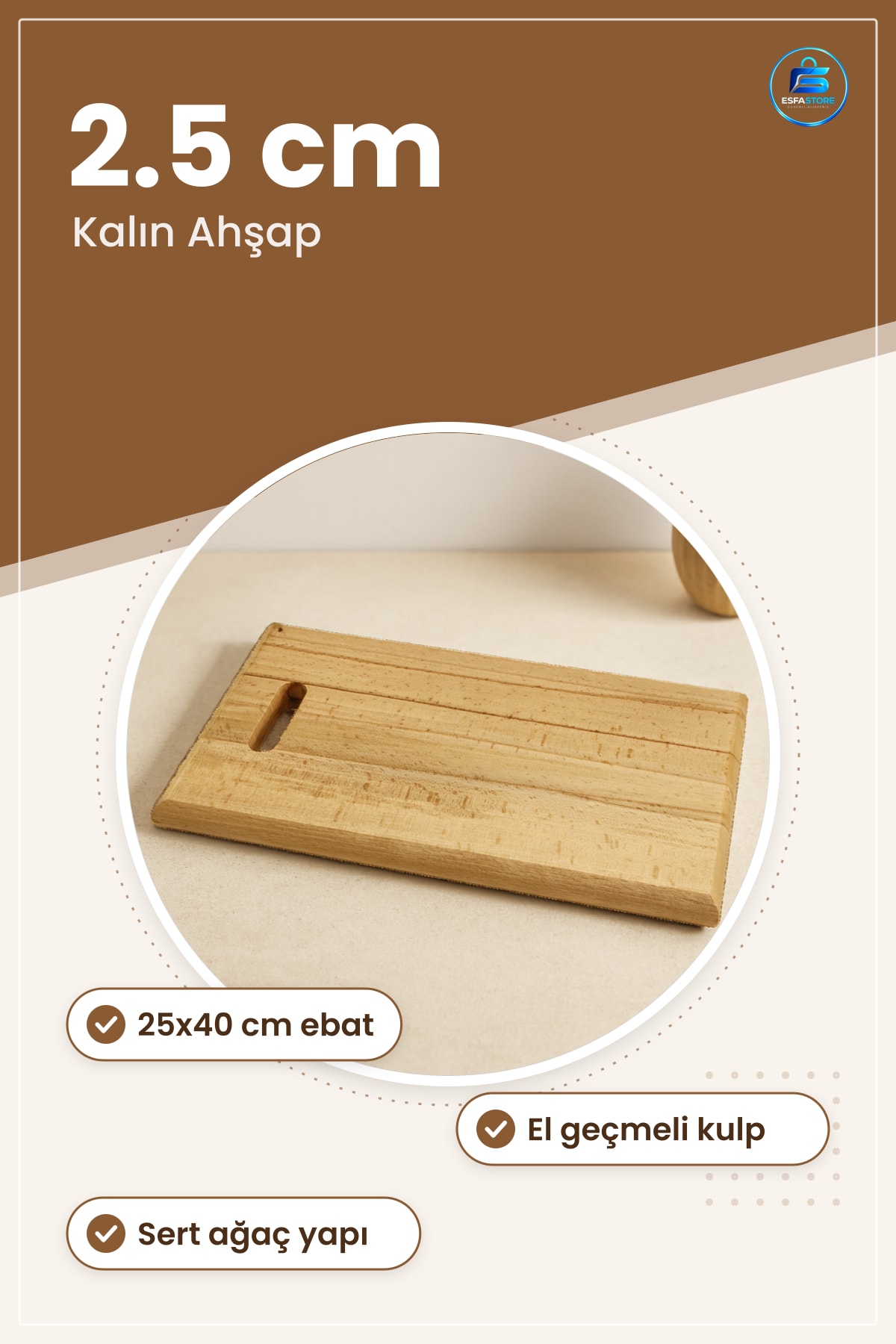 Kesme Tahtası Ahşap Kesim Panosu Et 25x40 cm 2.5 Kalınlık Mutfak Servis Sunum Kullanışlı