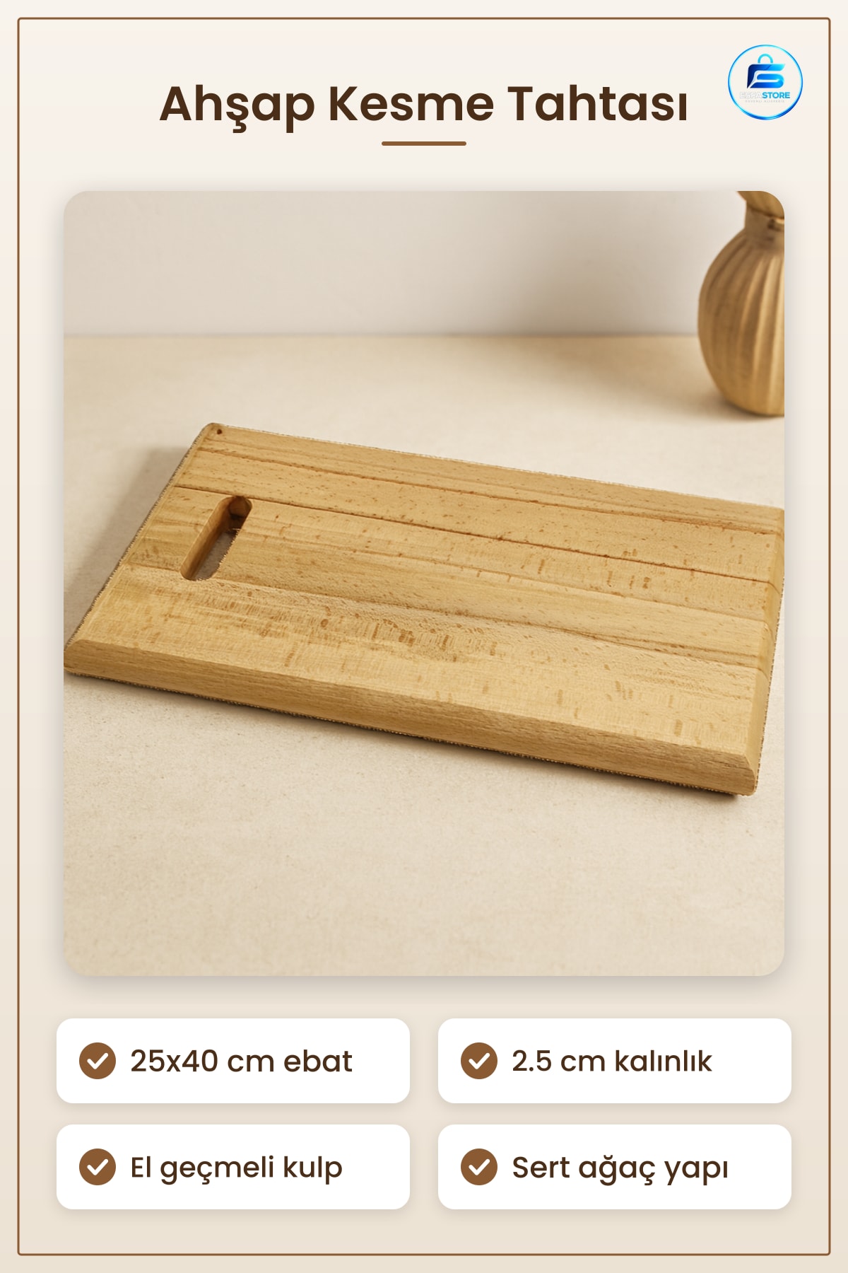 Kesme Tahtası Ahşap Kesim Panosu Et 25x40 cm 2.5 Kalınlık Mutfak Servis Sunum Kullanışlı
